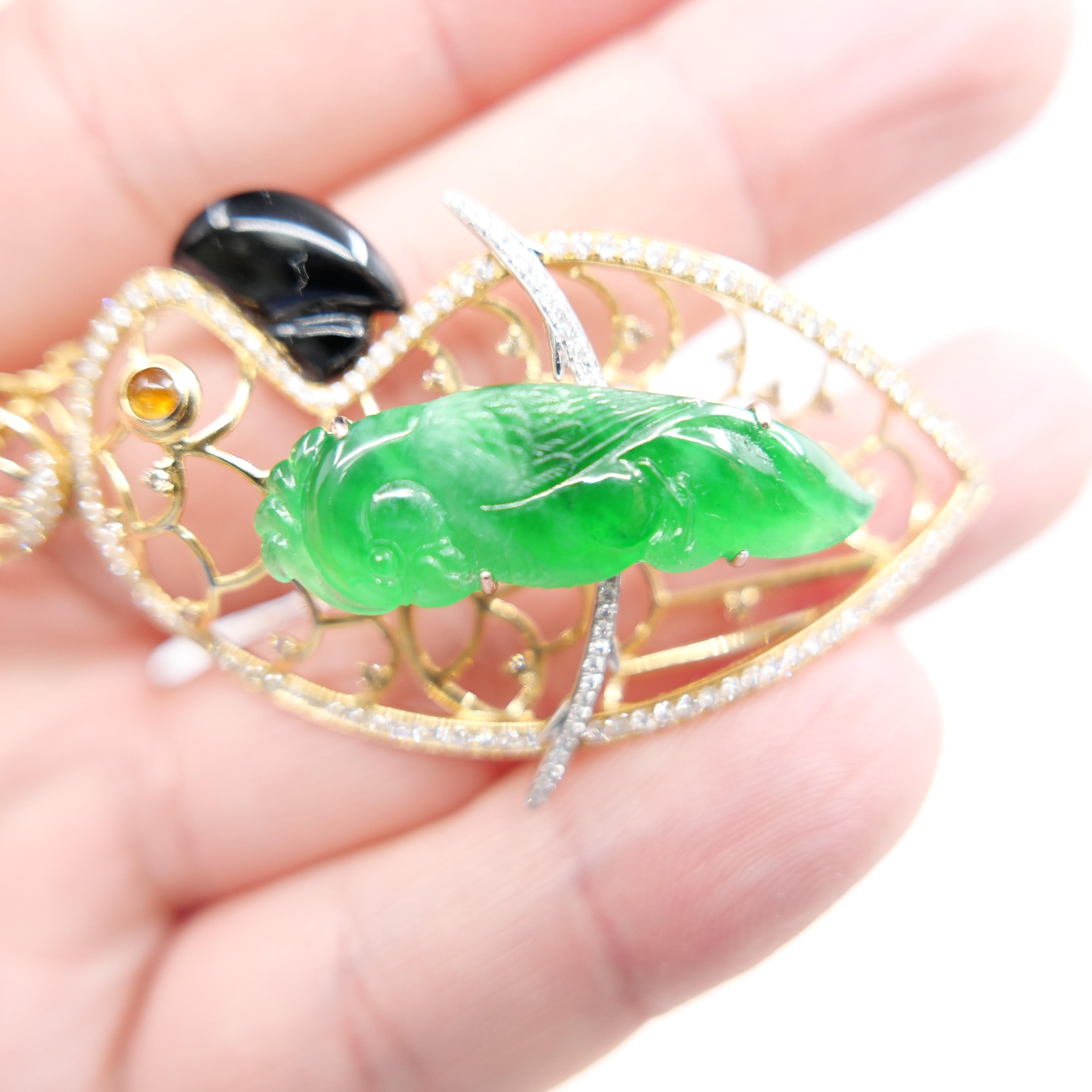 Zertifizierter Typ A Jadeit Jade und Diamant-Papagei-Anhänger, Vivid Green Color im Angebot 11