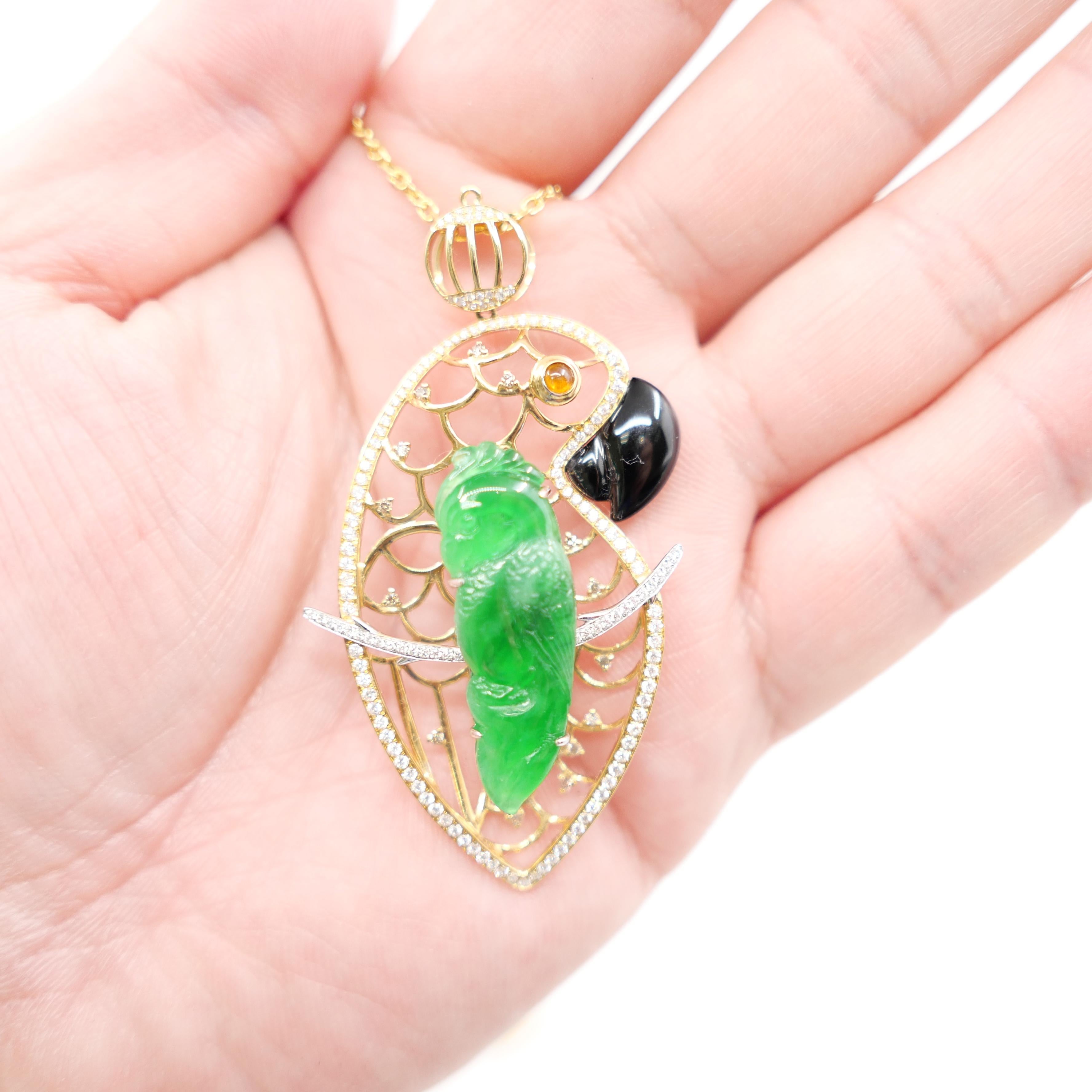 Certified Type A Jadeite Jade and Diamond Parrot Pendant, Vivid Green Color For Sale 7