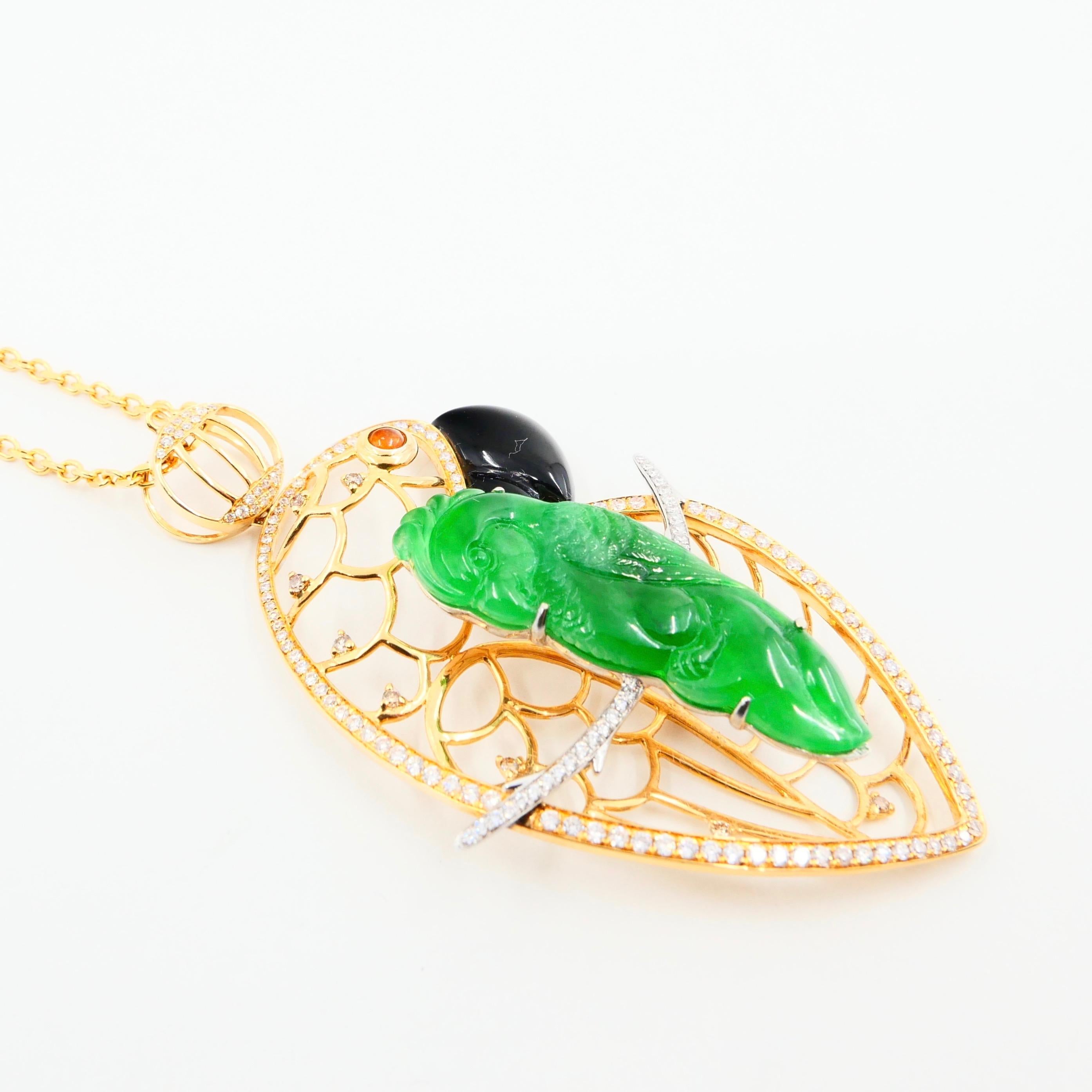 Zertifizierter Typ A Jadeit Jade und Diamant-Papagei-Anhänger, Vivid Green Color im Angebot 13