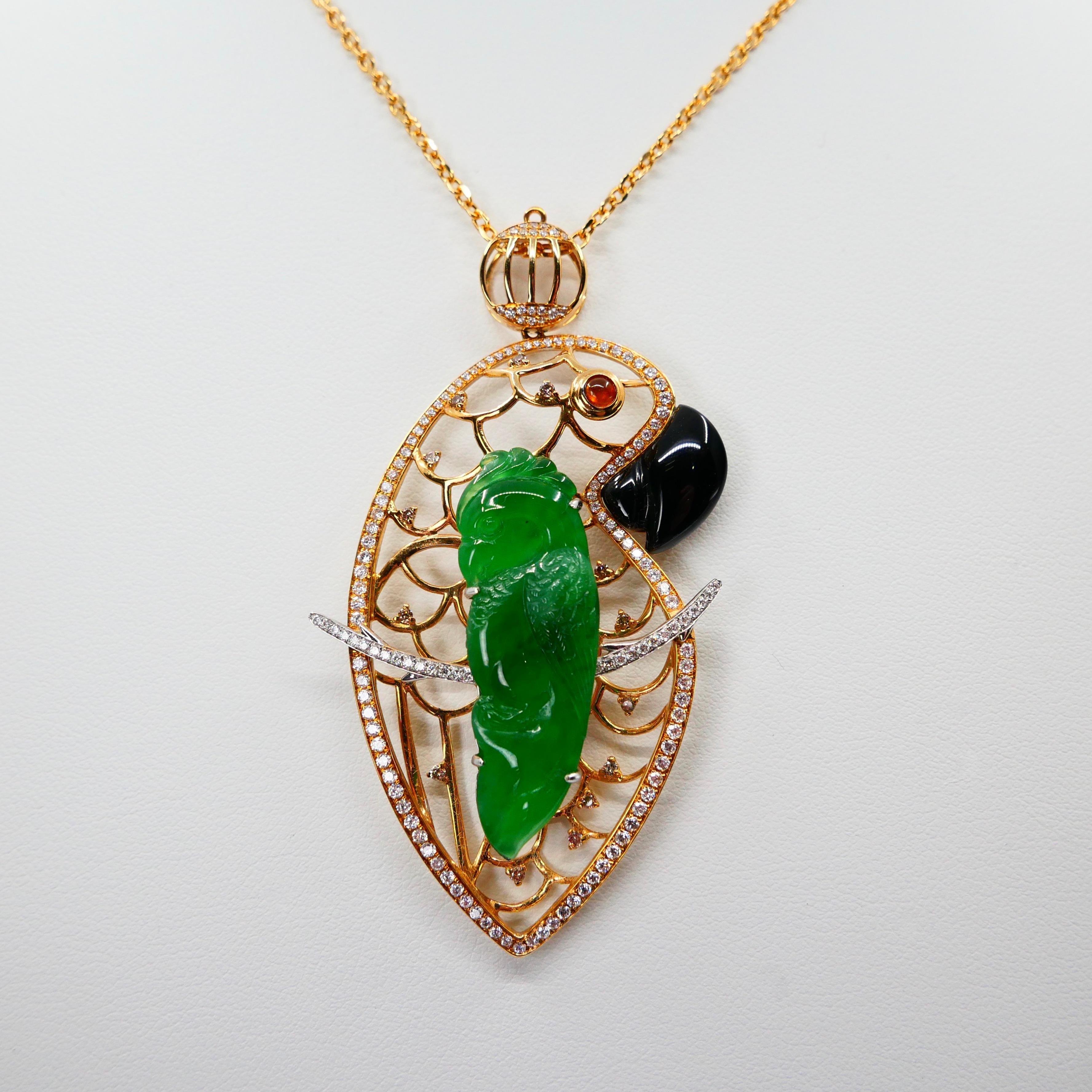 Round Cut Certified Type A Jadeite Jade and Diamond Parrot Pendant, Vivid Green Color For Sale