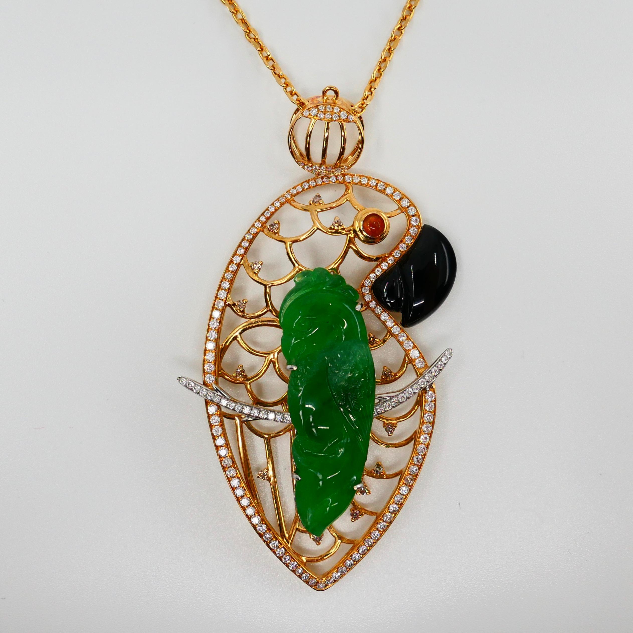 Certified Type A Jadeite Jade and Diamond Parrot Pendant, Vivid Green Color In New Condition For Sale In Hong Kong, HK