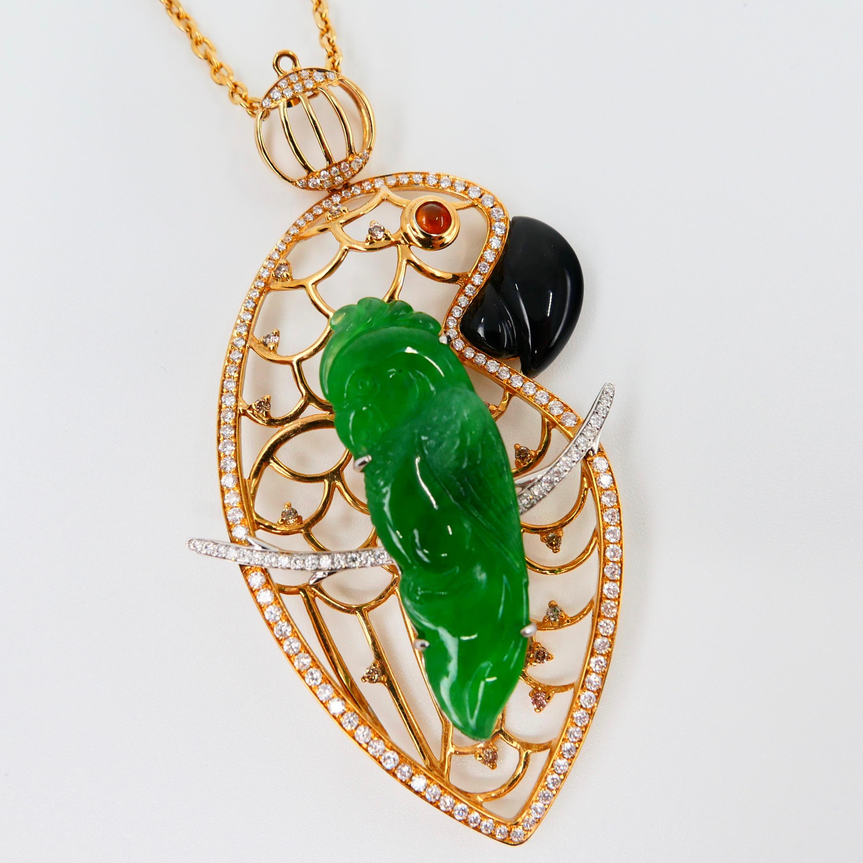 Certified Type A Jadeite Jade and Diamond Parrot Pendant, Vivid Green Color For Sale 1