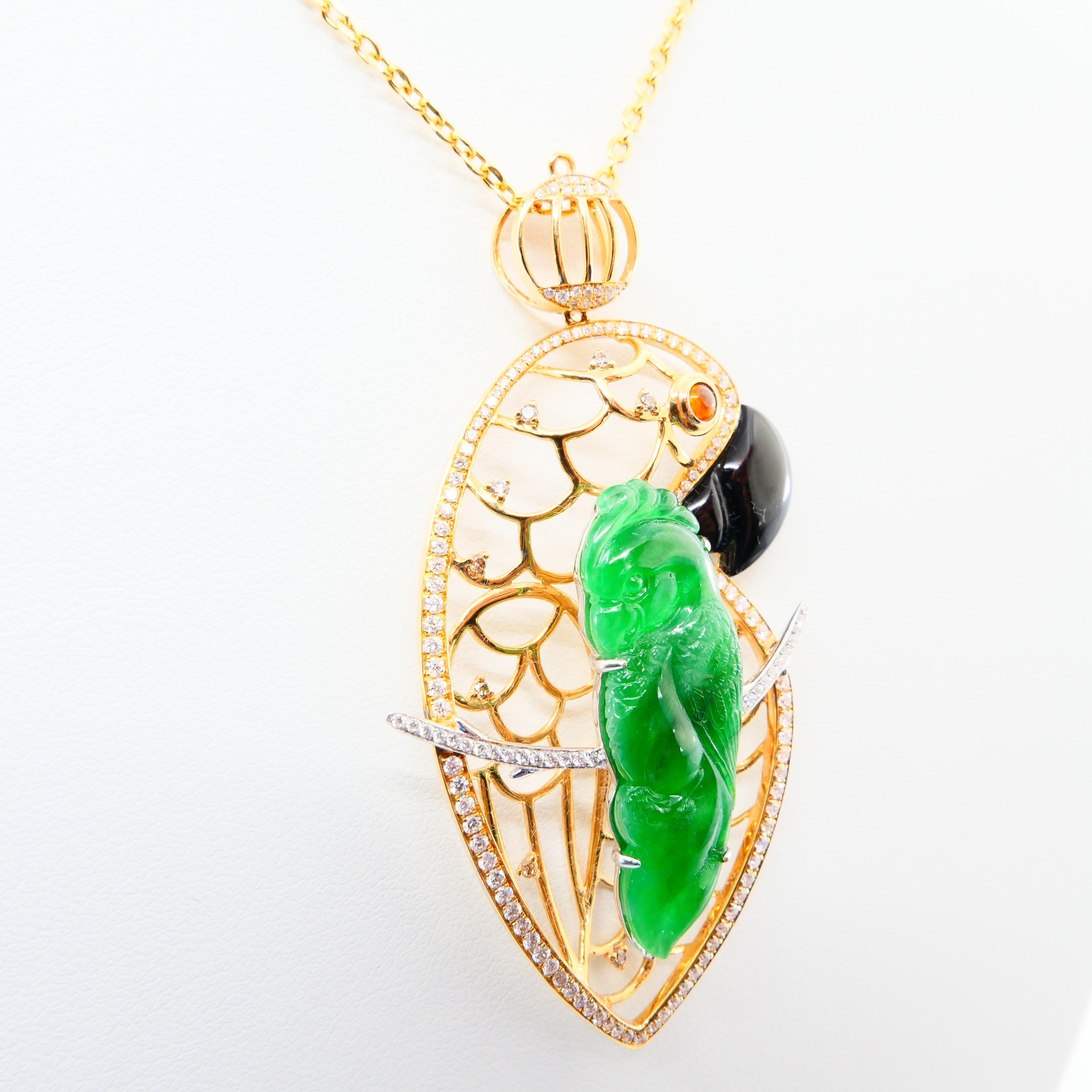 Certified Type A Jadeite Jade and Diamond Parrot Pendant, Vivid Green Color For Sale 2