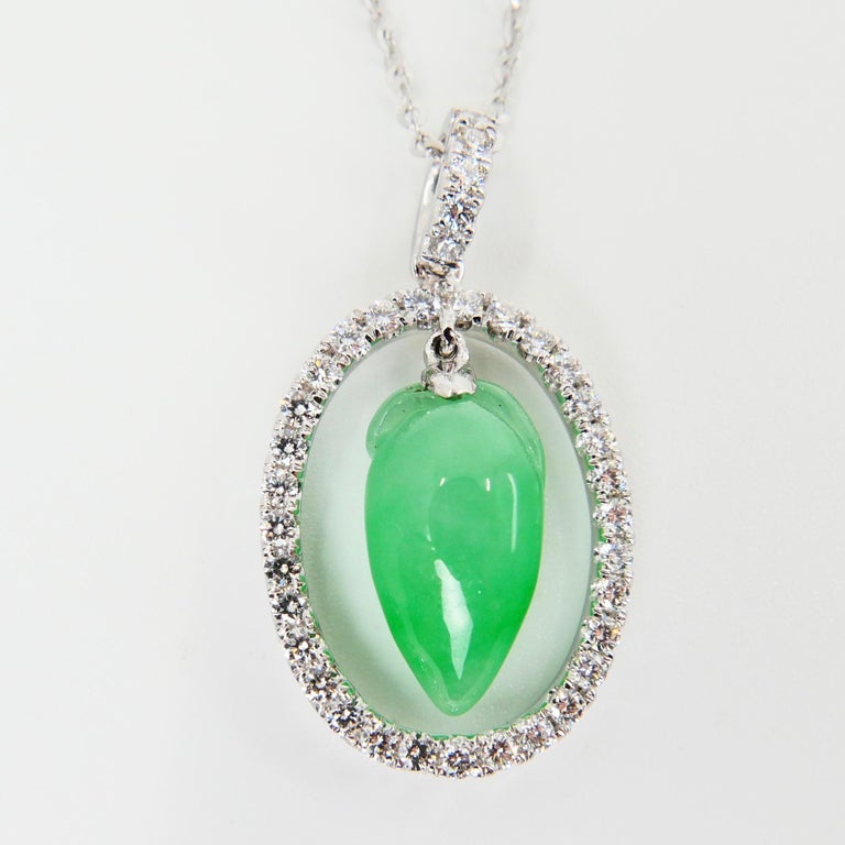 Certified Type A Icy Jade and Diamond Pendant, Apple Green Color,  Translucent For Sale at 1stDibs