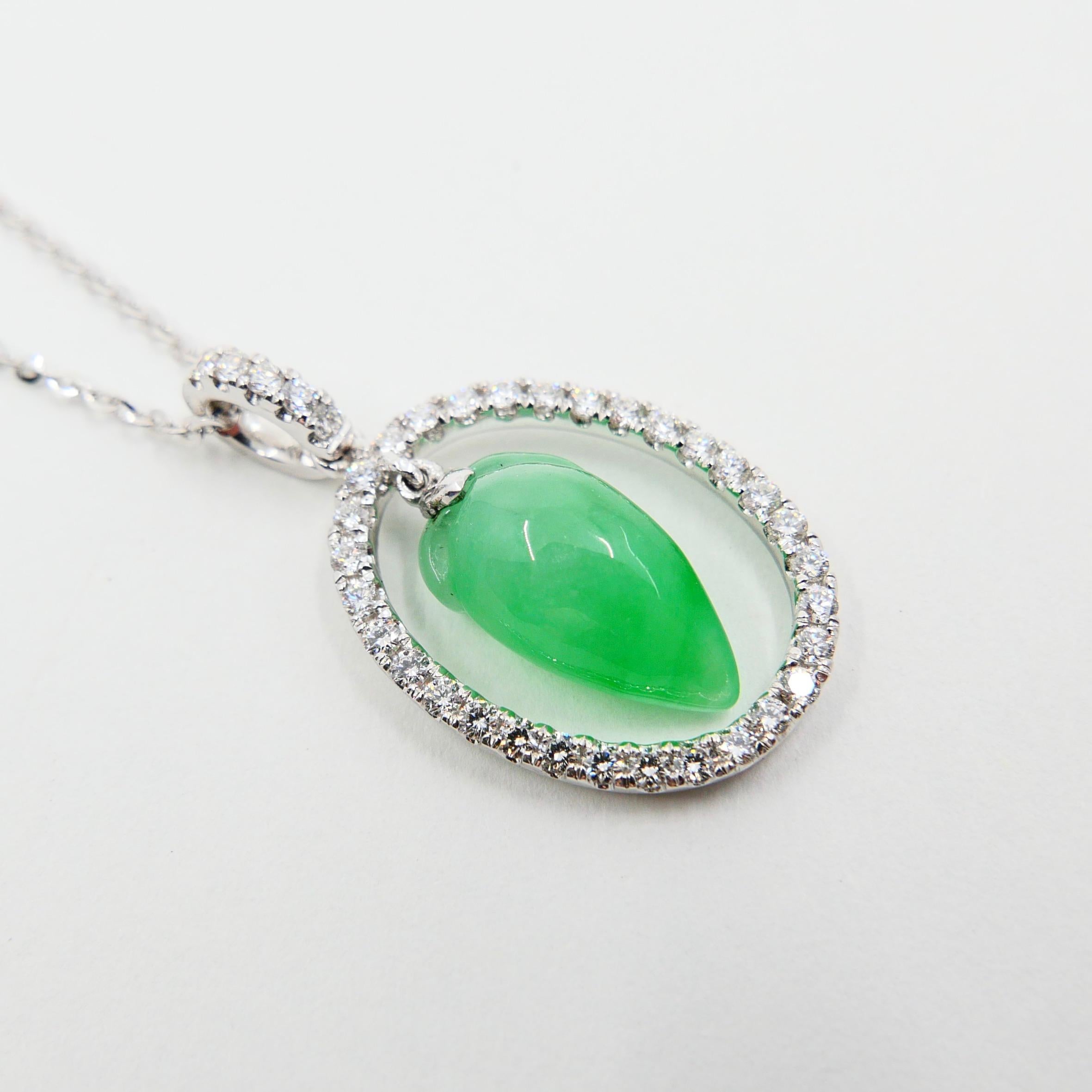 Rough Cut Certified Type A Icy Jade & Diamond Pendant, Apple Green Color, Translucent For Sale