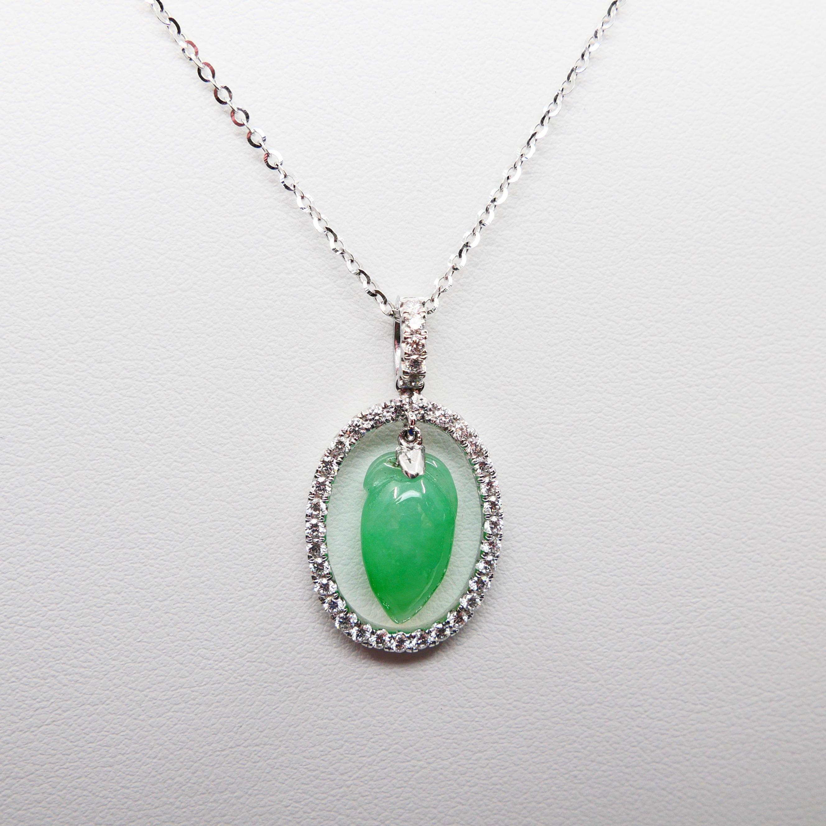 Women's Certified Type A Icy Jade & Diamond Pendant, Apple Green Color, Translucent For Sale