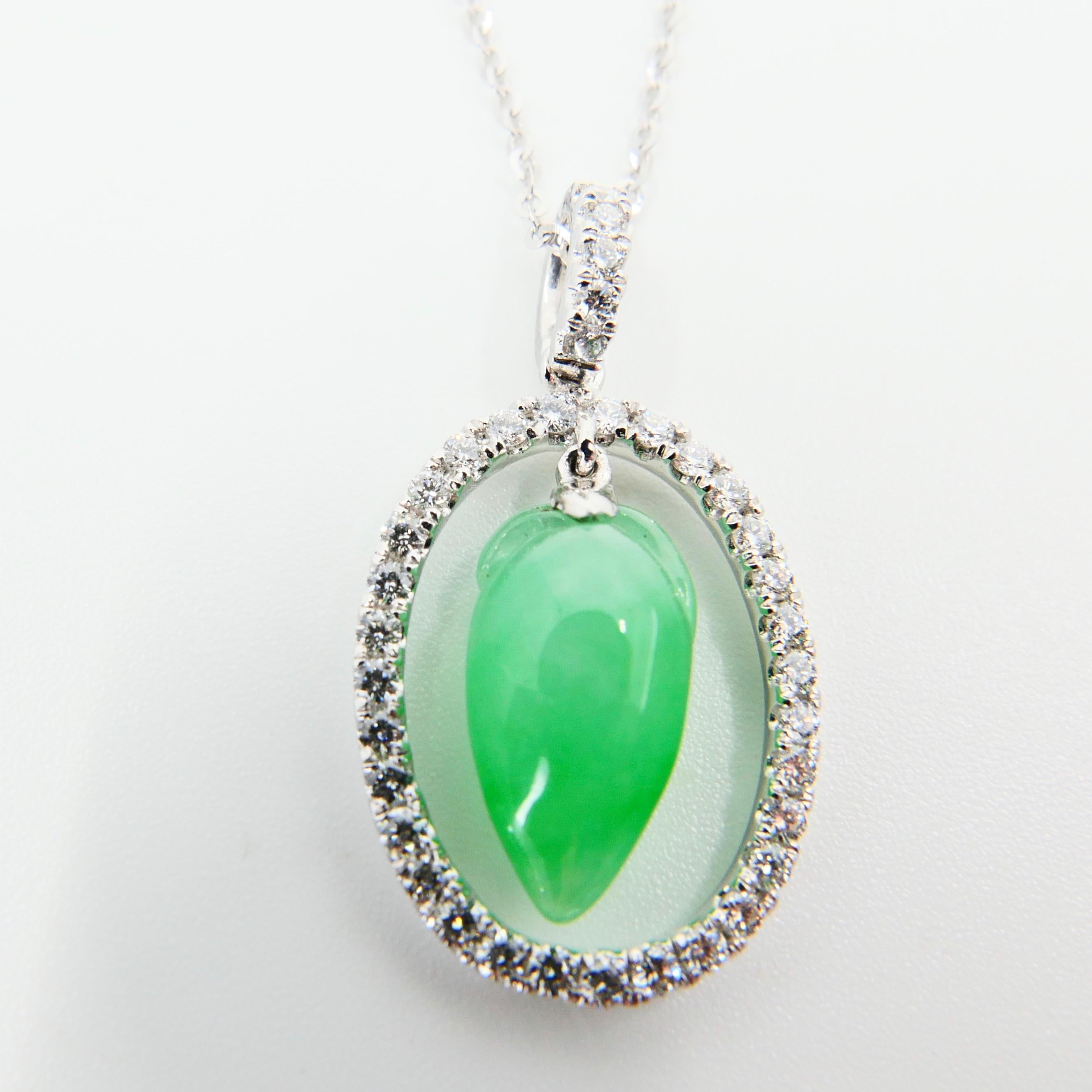 Certified Type A Icy Jade & Diamond Pendant, Apple Green Color, Translucent For Sale 1