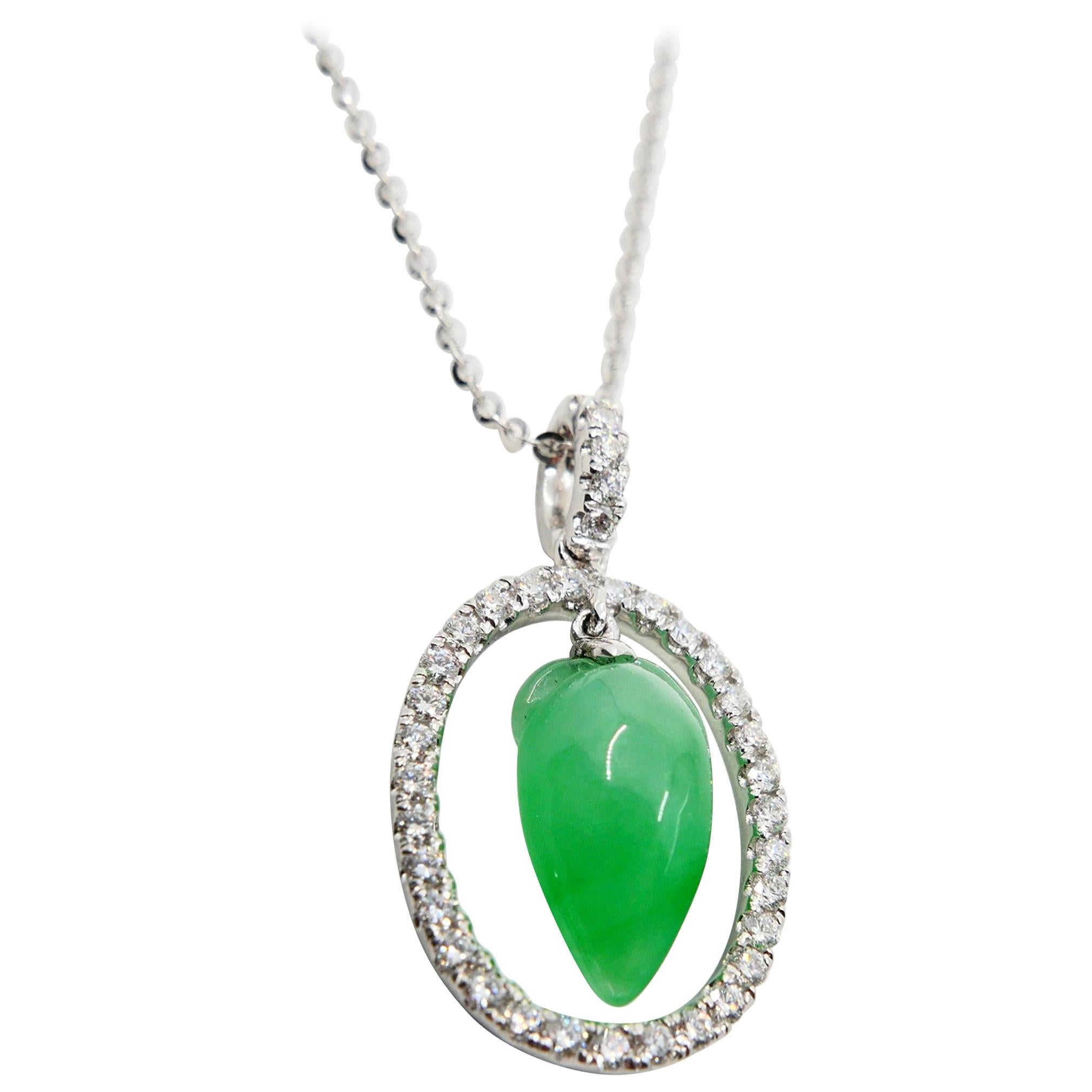 Certified Type A Icy Jade & Diamond Pendant, Apple Green Color, Translucent