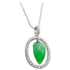 Certified Type A Icy Jade & Diamond Pendant, Apple Green Color, Translucent