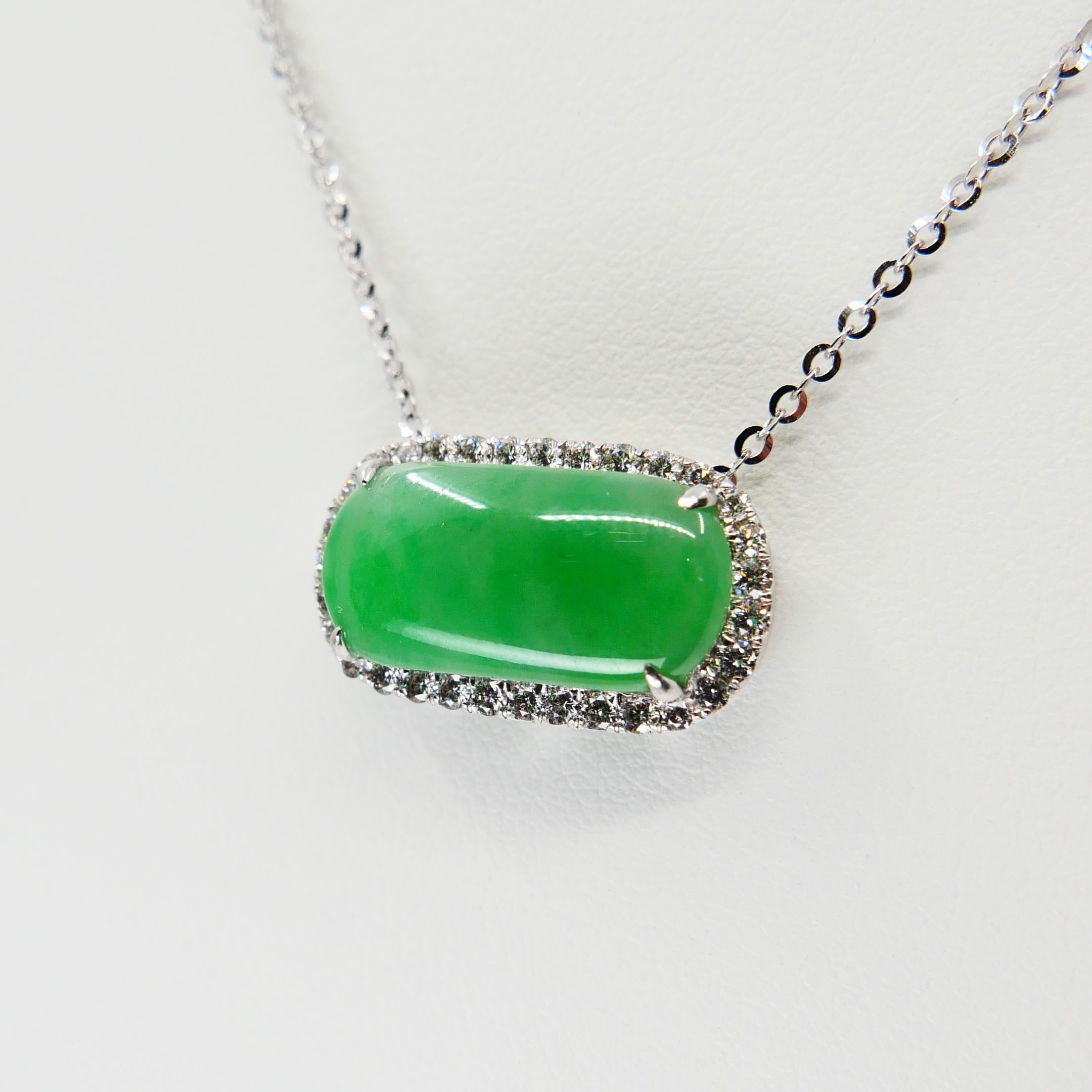 Certified Type A Jadeite Jade Diamond Pendant Drop Necklace, Apple Green Color For Sale 5