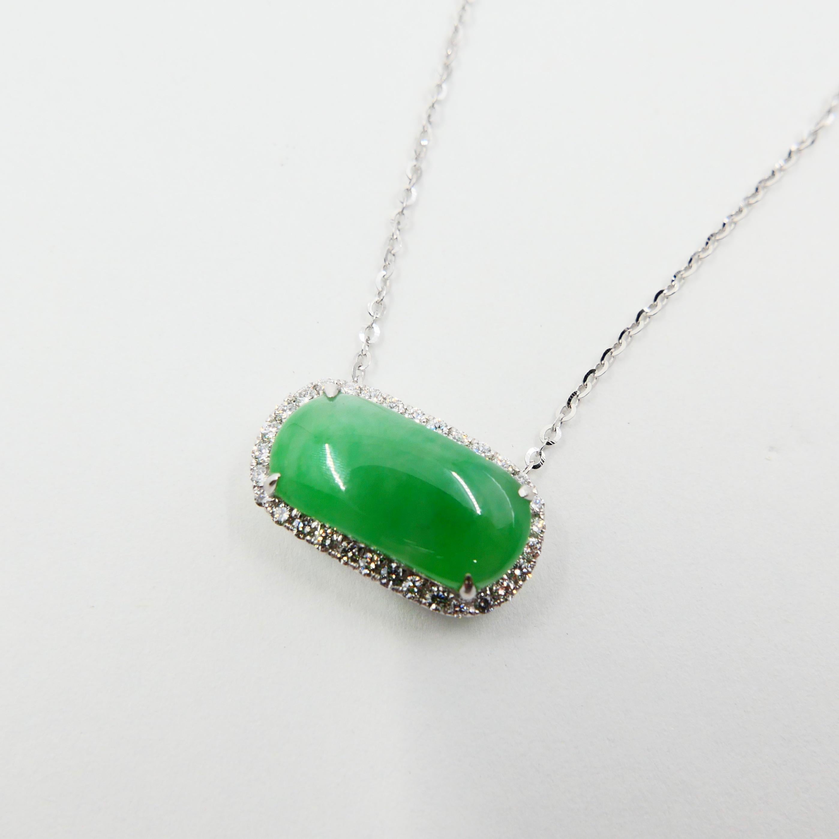 Certified Type A Jadeite Jade Diamond Pendant Drop Necklace, Apple Green Color For Sale 7