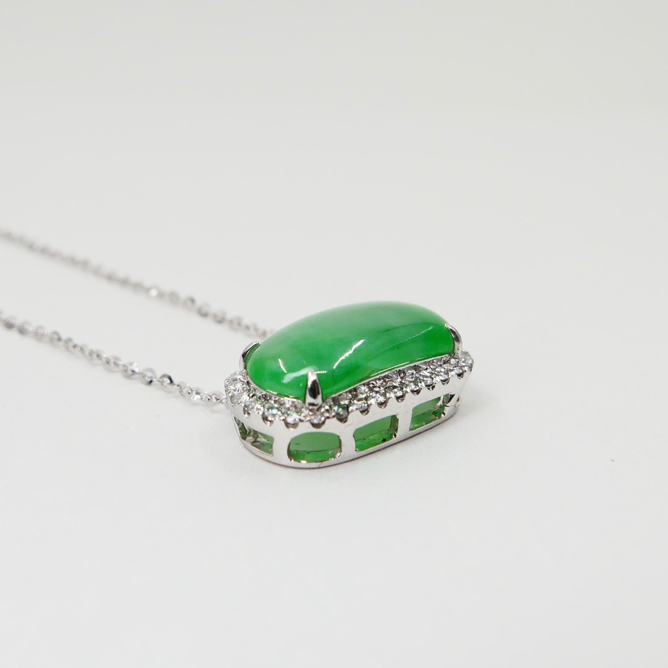 Certified Type A Jadeite Jade Diamond Pendant Drop Necklace, Apple Green Color For Sale 8
