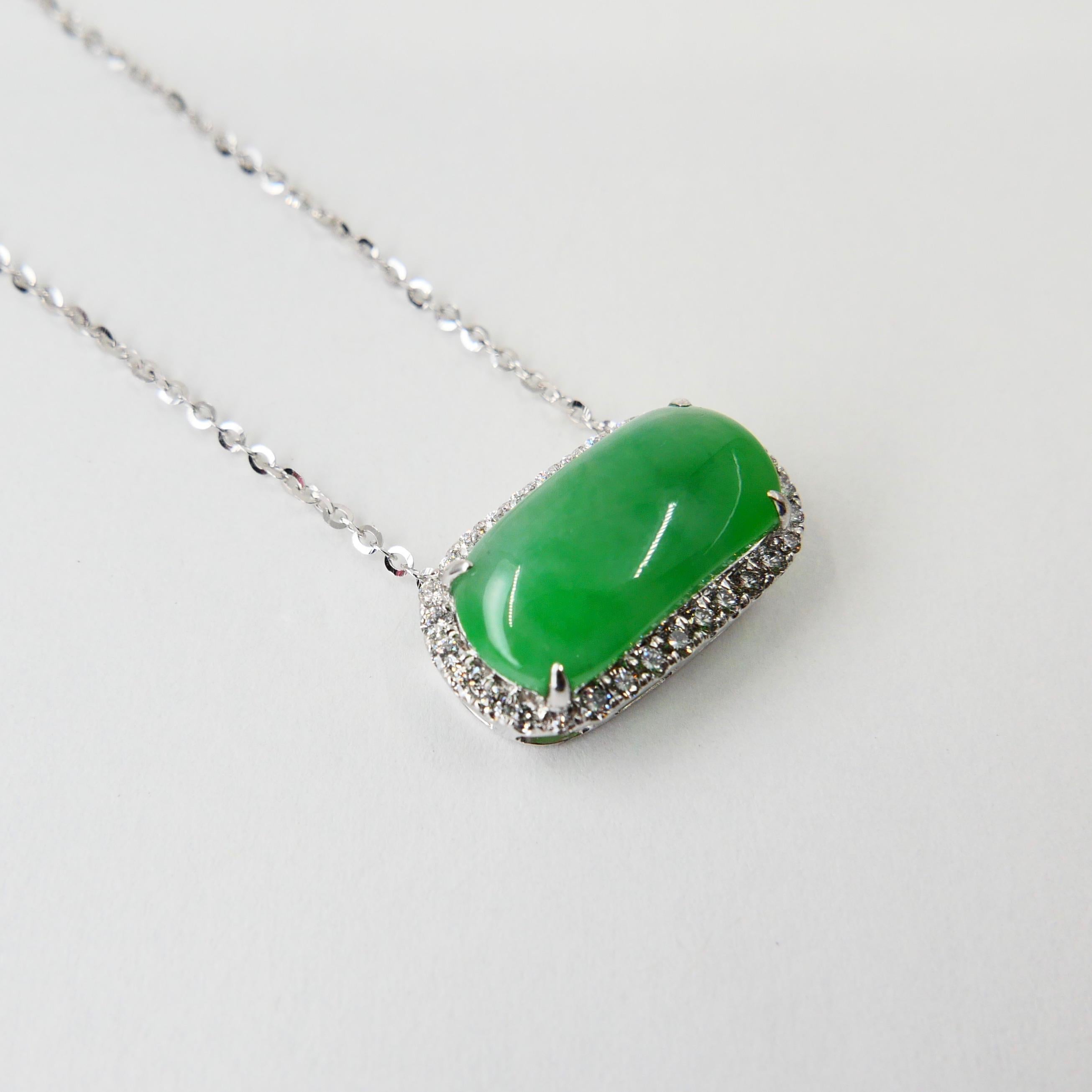 Certified Type A Jadeite Jade Diamond Pendant Drop Necklace, Apple Green Color For Sale 9