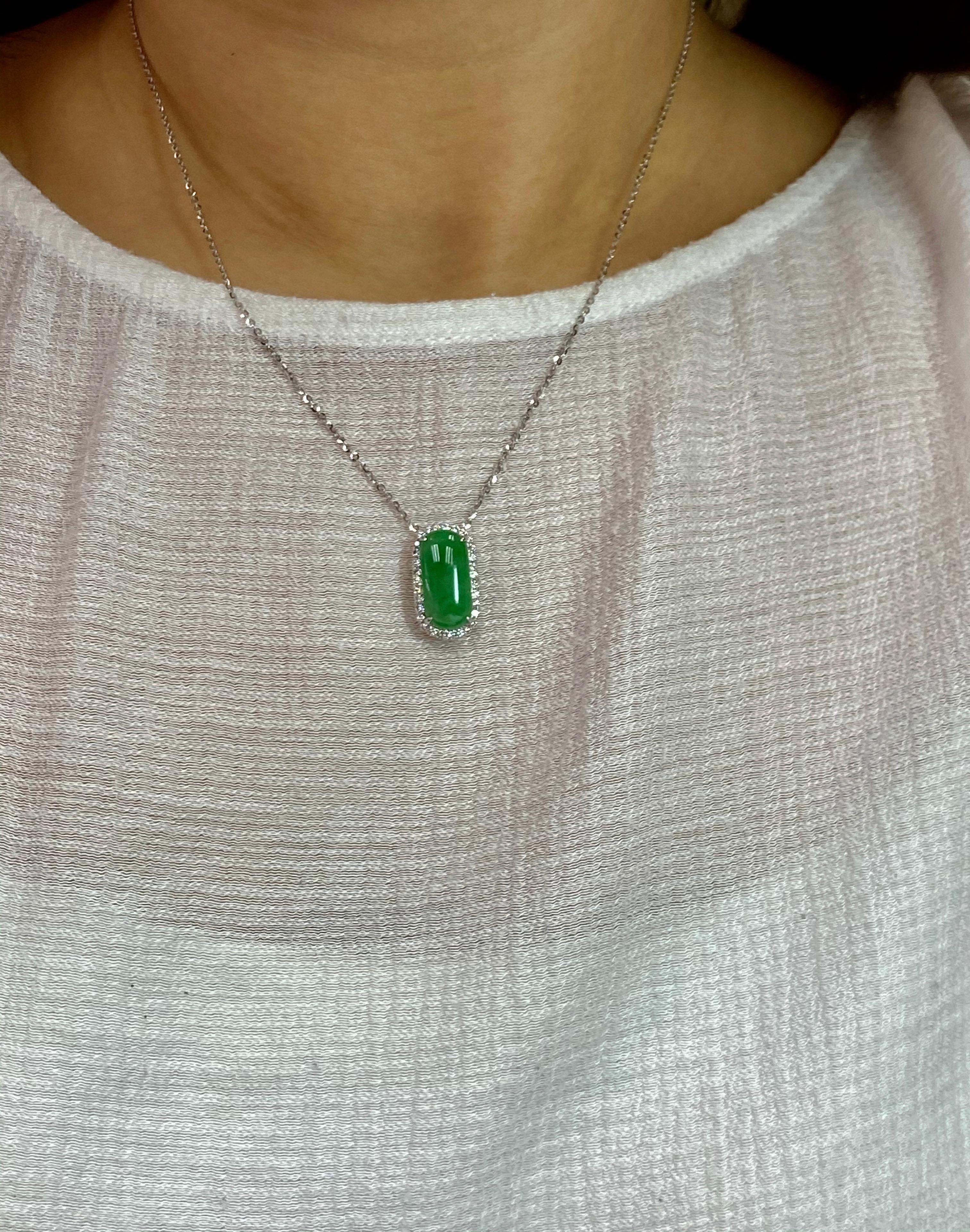 Certified Type A Jadeite Jade Diamond Pendant Drop Necklace, Apple Green Color For Sale 6