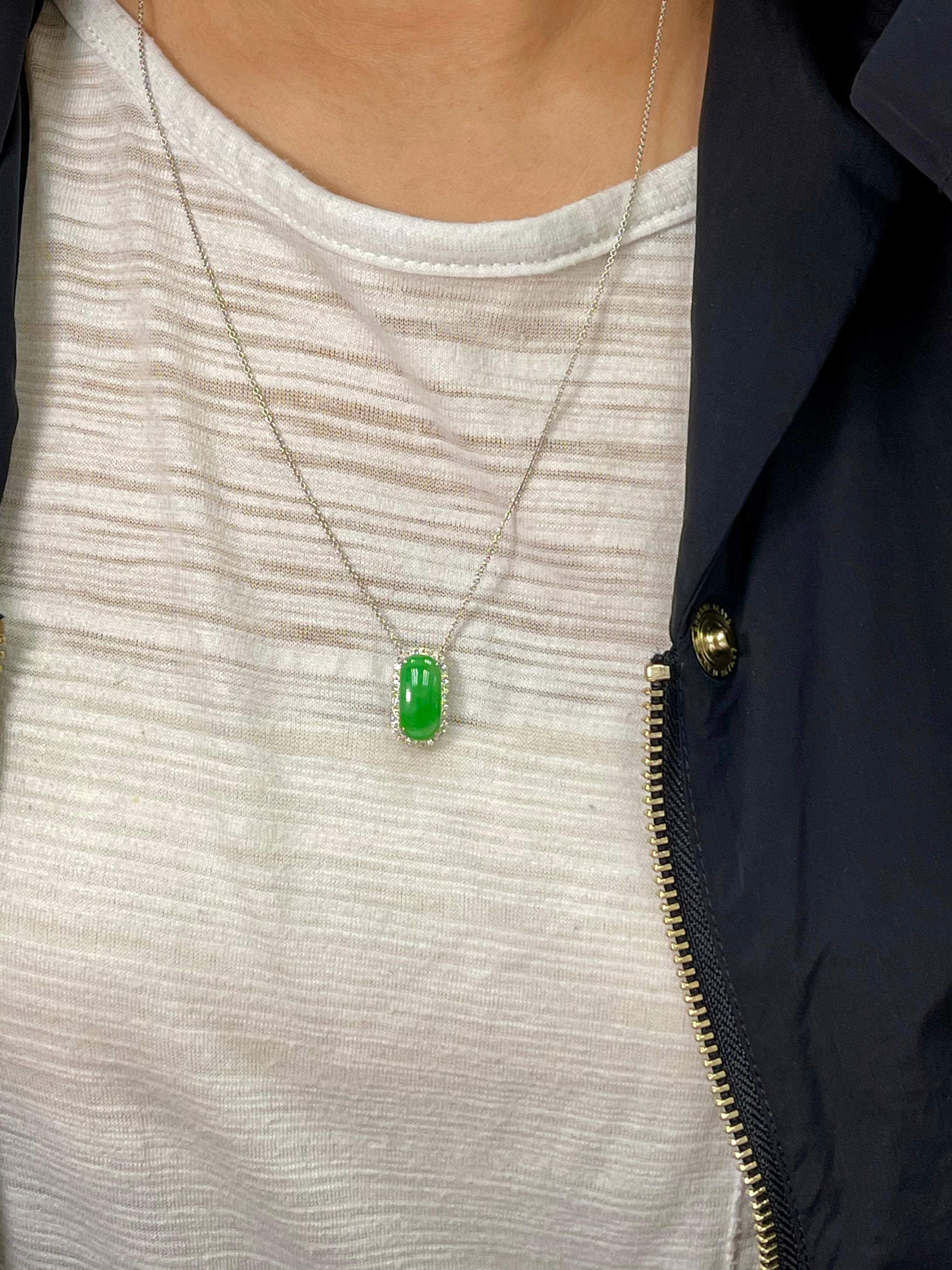 Certified Type A Jadeite Jade Diamond Pendant Drop Necklace, Apple Green Color For Sale 3