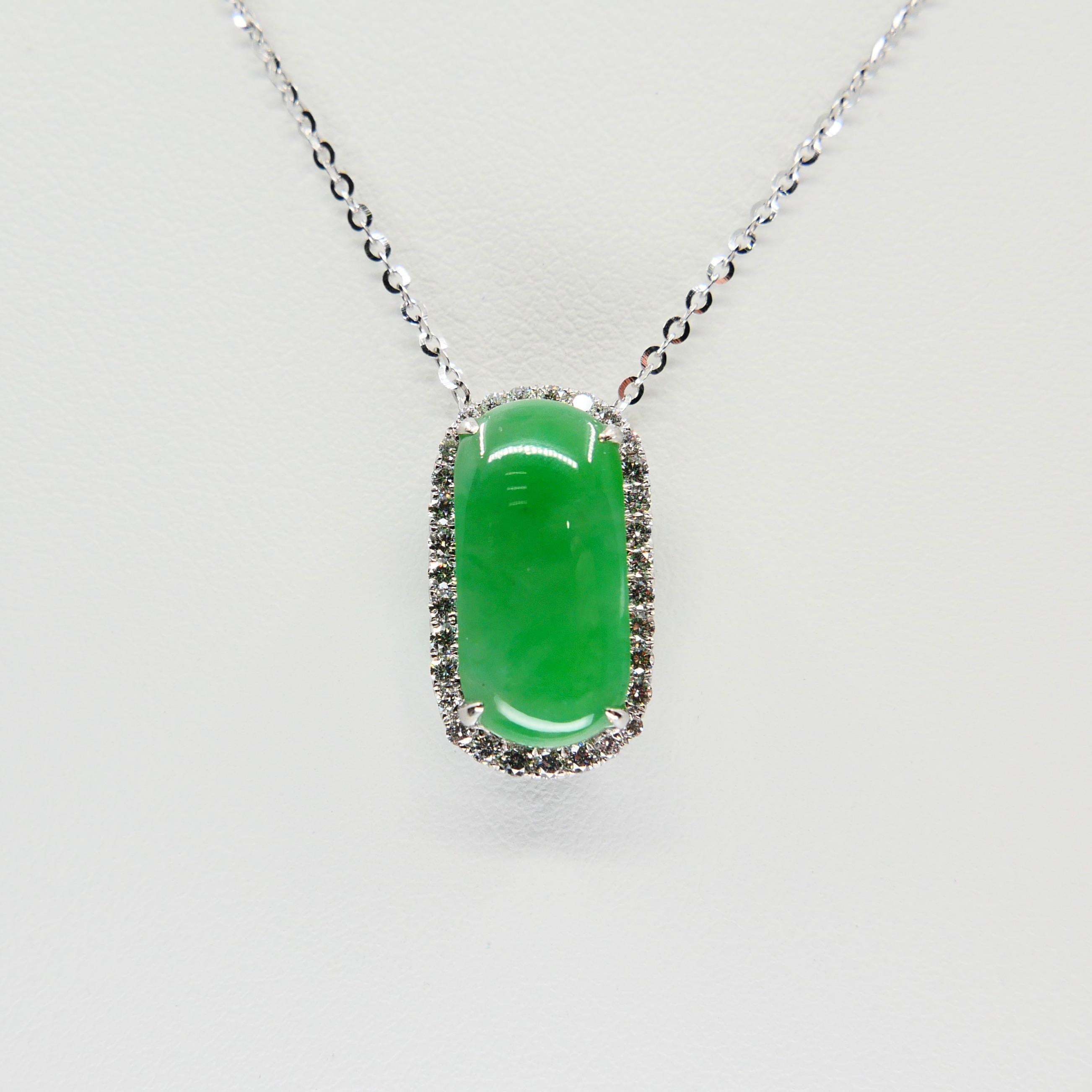 Rough Cut Certified Type A Jadeite Jade Diamond Pendant Drop Necklace, Apple Green Color For Sale