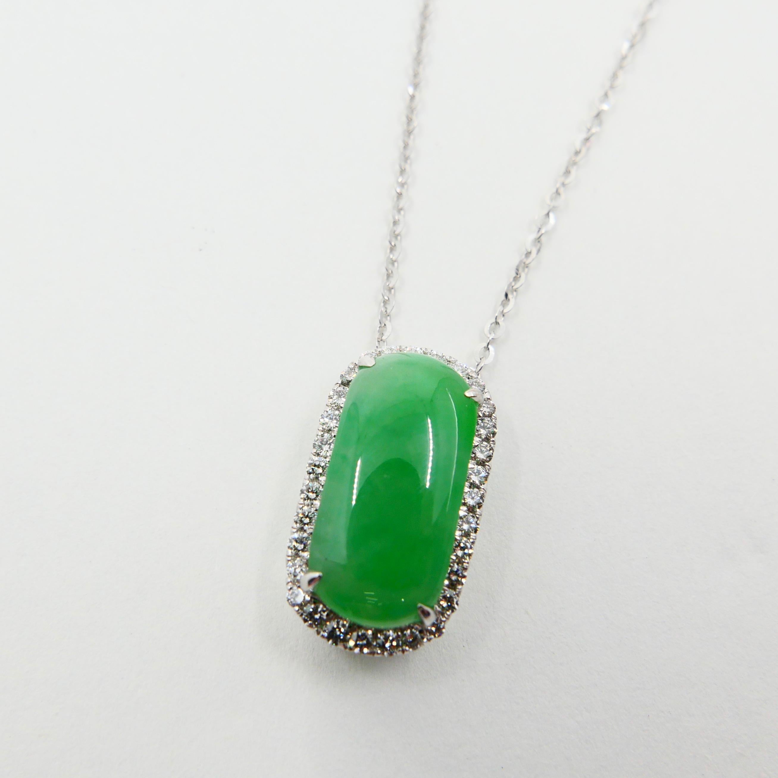 Certified Type A Jadeite Jade Diamond Pendant Drop Necklace, Apple Green Color For Sale 1