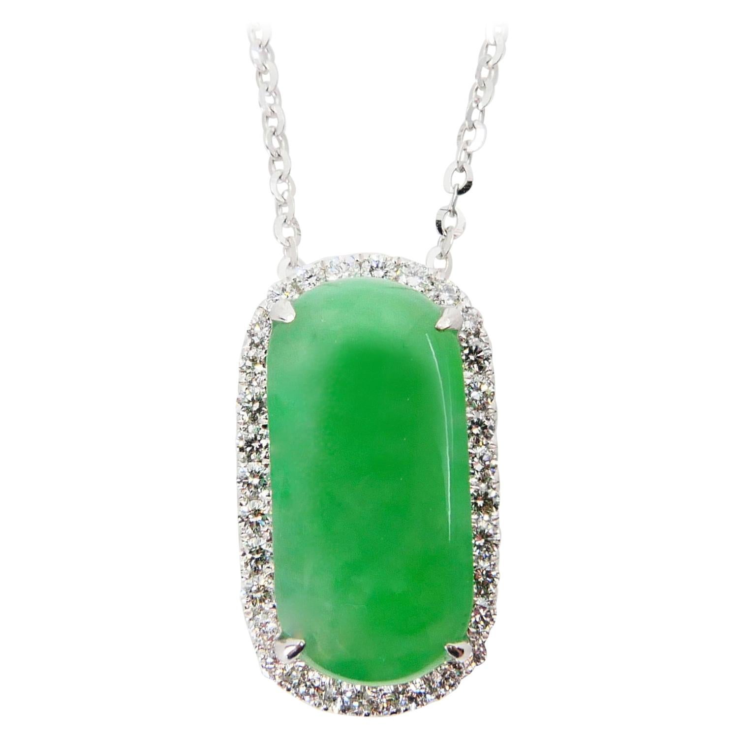 Certified Type A Jadeite Jade Diamond Pendant Drop Necklace, Apple Green Color