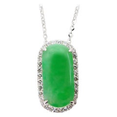 Antique Certified Type A Jadeite Jade Diamond Pendant Drop Necklace, Apple Green Color