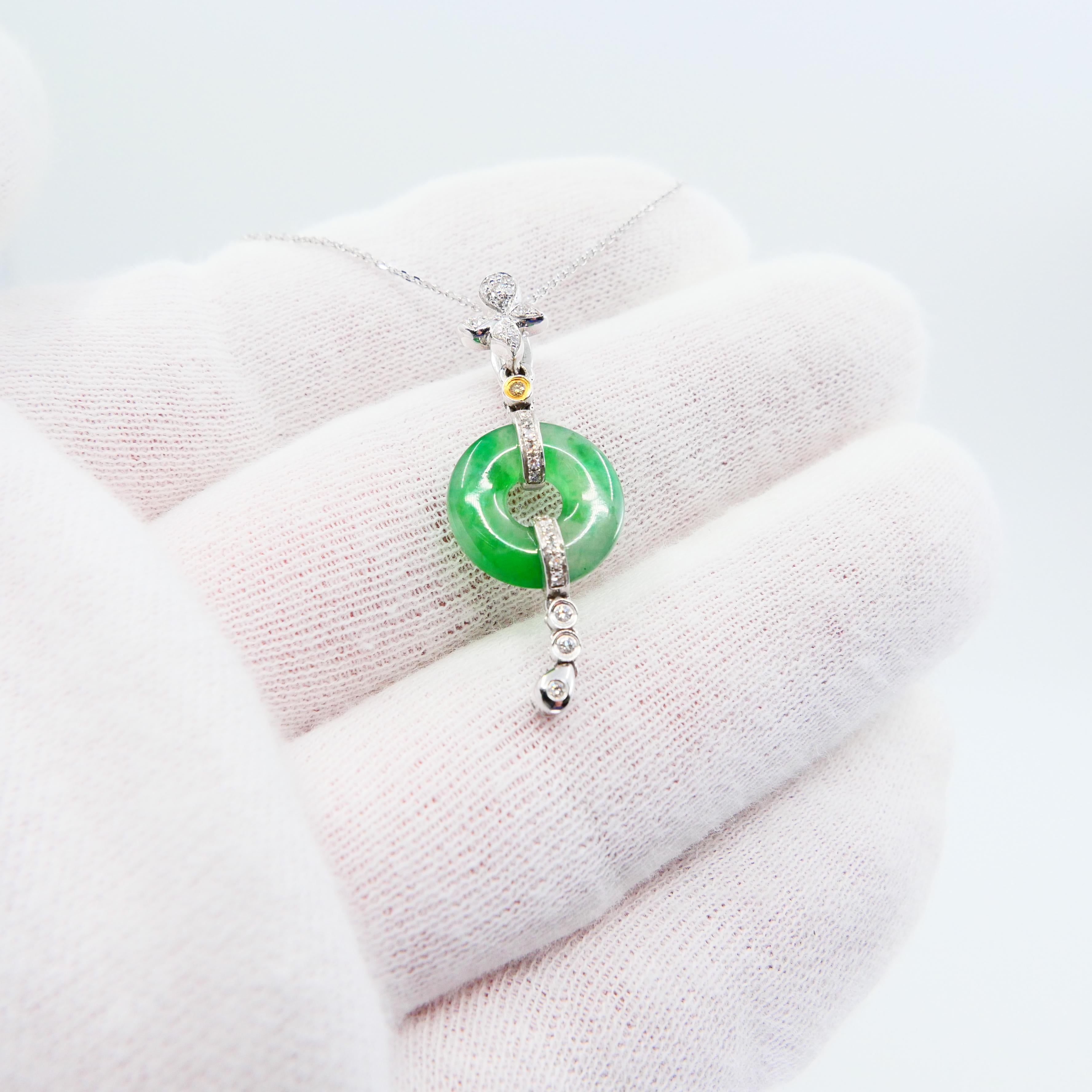 Certified Type A Jadeite Jade Diamond Pendant Drop Necklace, Apple Green Veins For Sale 3