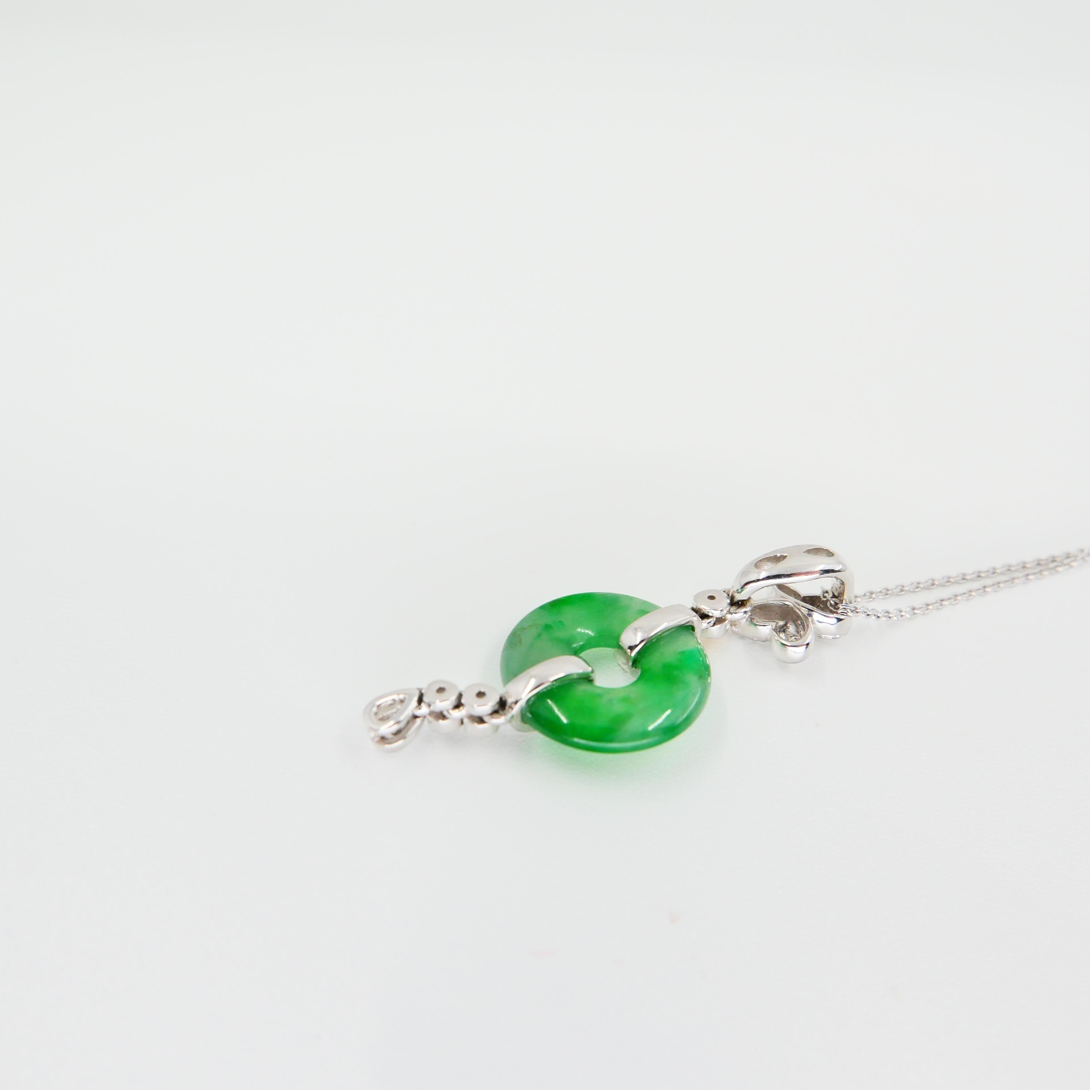 Certified Type A Jadeite Jade Diamond Pendant Drop Necklace, Apple Green Veins For Sale 2