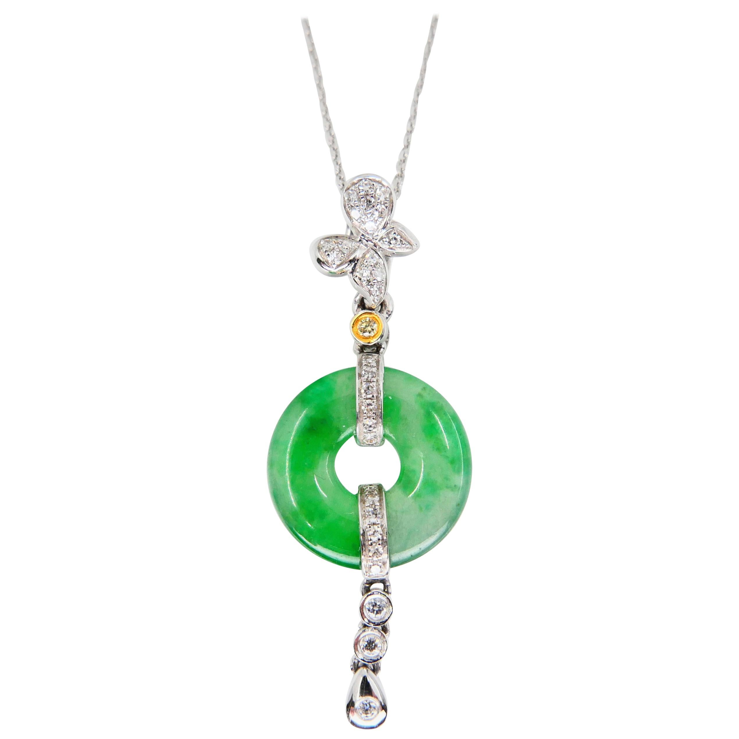 Certified Type A Jadeite Jade Diamond Pendant Drop Necklace, Apple Green Veins For Sale