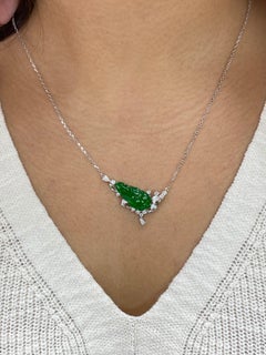Certified Type A Jadeite Jade Diamond Pendant Drop Necklace, Imperial Green