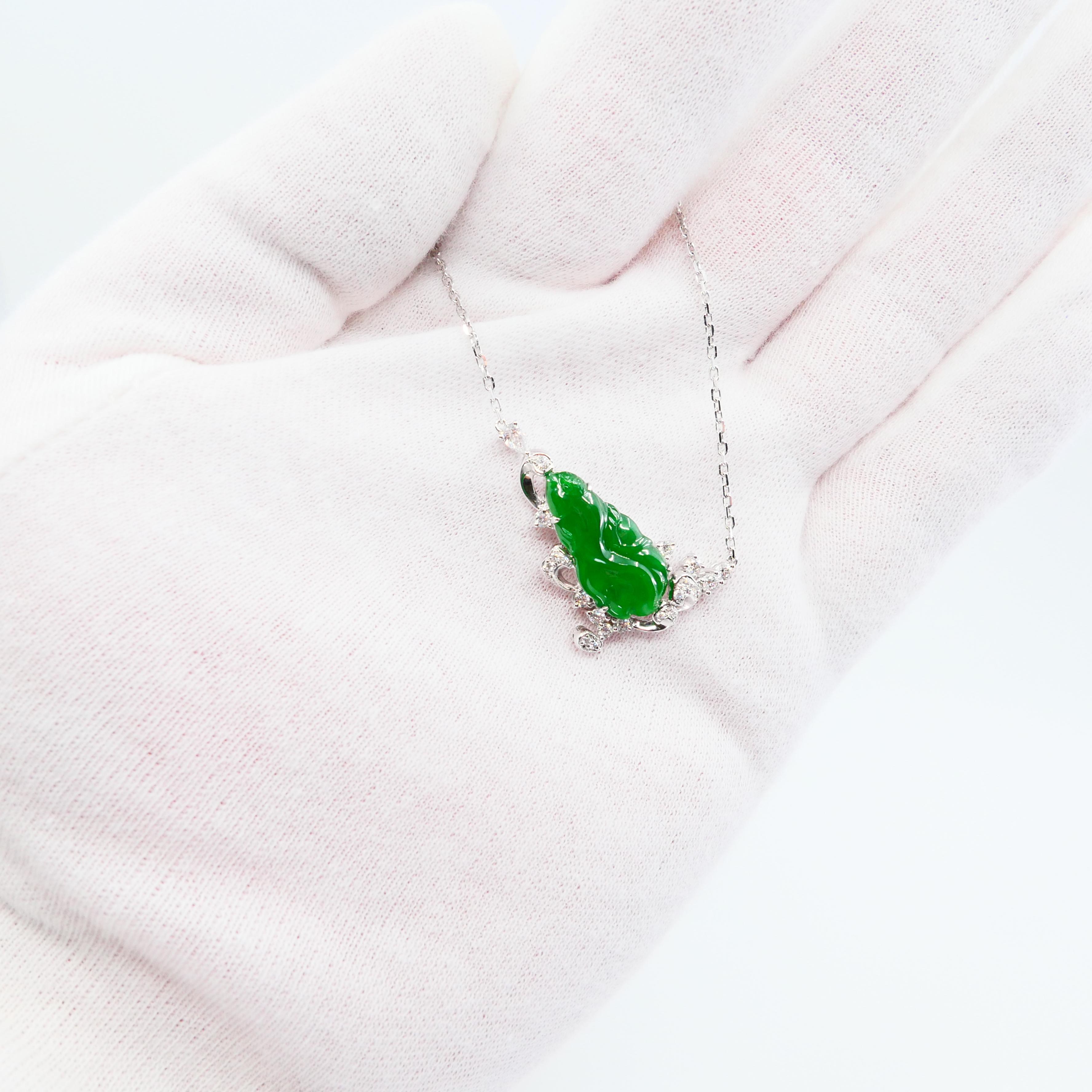 Zertifizierte Typ A Jadeit Diamant-Anhänger-Halskette, kaiserlich Grün (Rohschliff) im Angebot