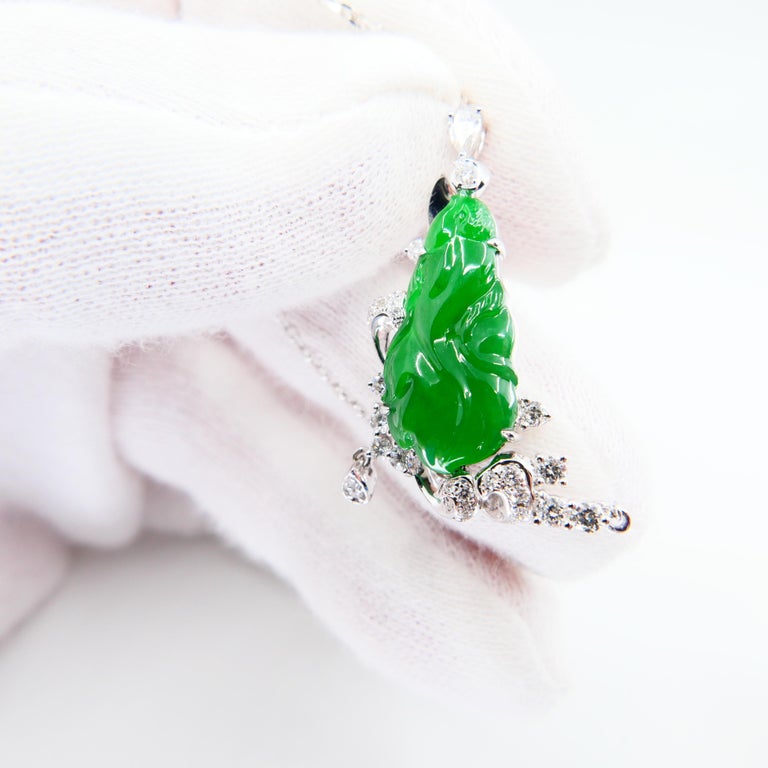 Certified 18.32 Carat Icy Jadeite Jade Leaf Pendant Necklace, Good Fortune  For Sale at 1stDibs