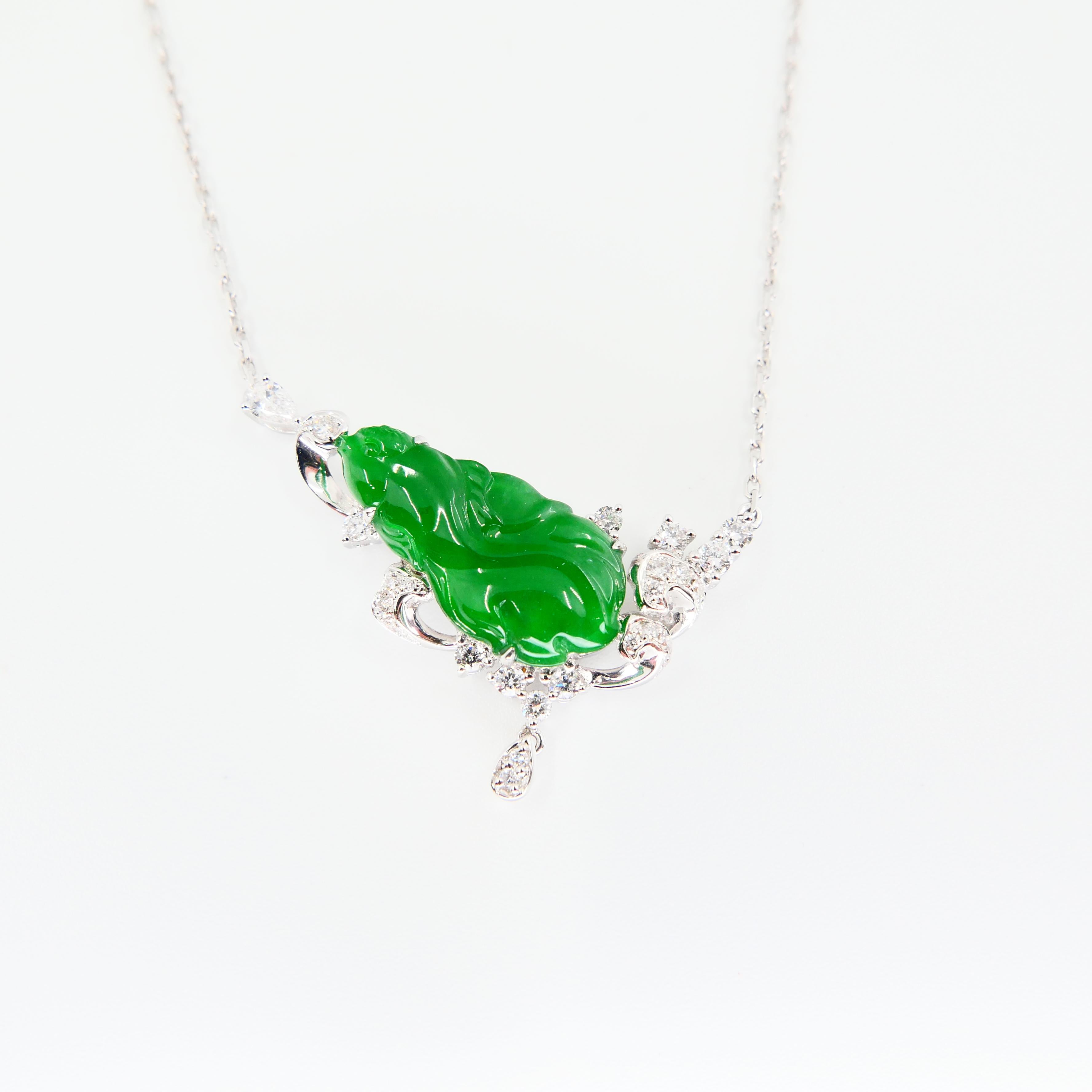 Zertifizierte Typ A Jadeit Diamant-Anhänger-Halskette, kaiserlich Grün Damen im Angebot