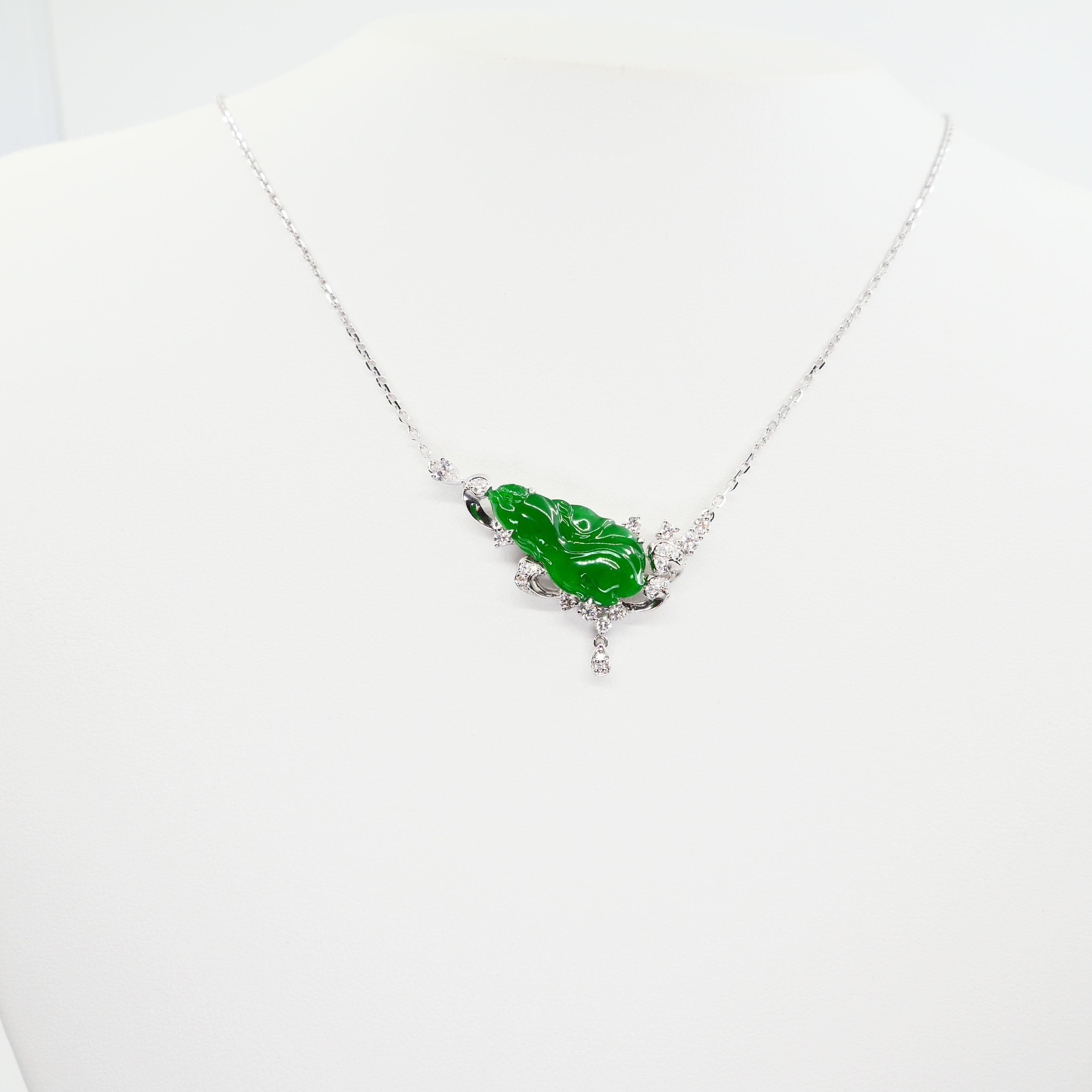 Certified Type A Jadeite Jade Diamond Pendant Drop Necklace, Imperial Green In New Condition For Sale In Hong Kong, HK