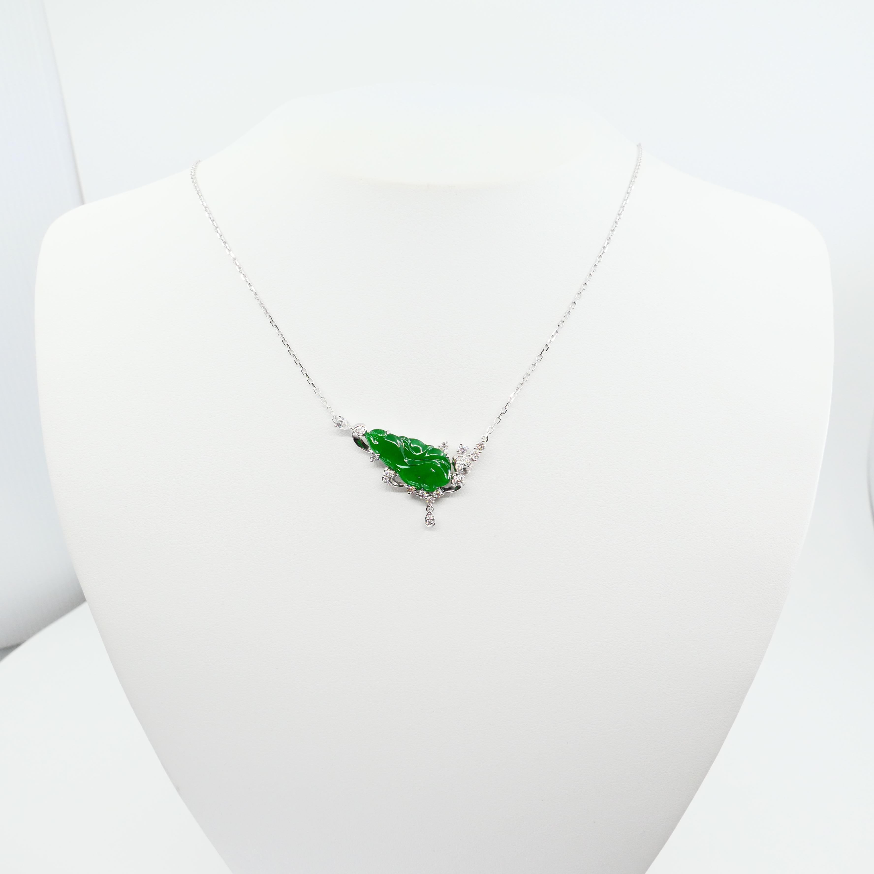 Women's Certified Type A Jadeite Jade Diamond Pendant Drop Necklace, Imperial Green For Sale