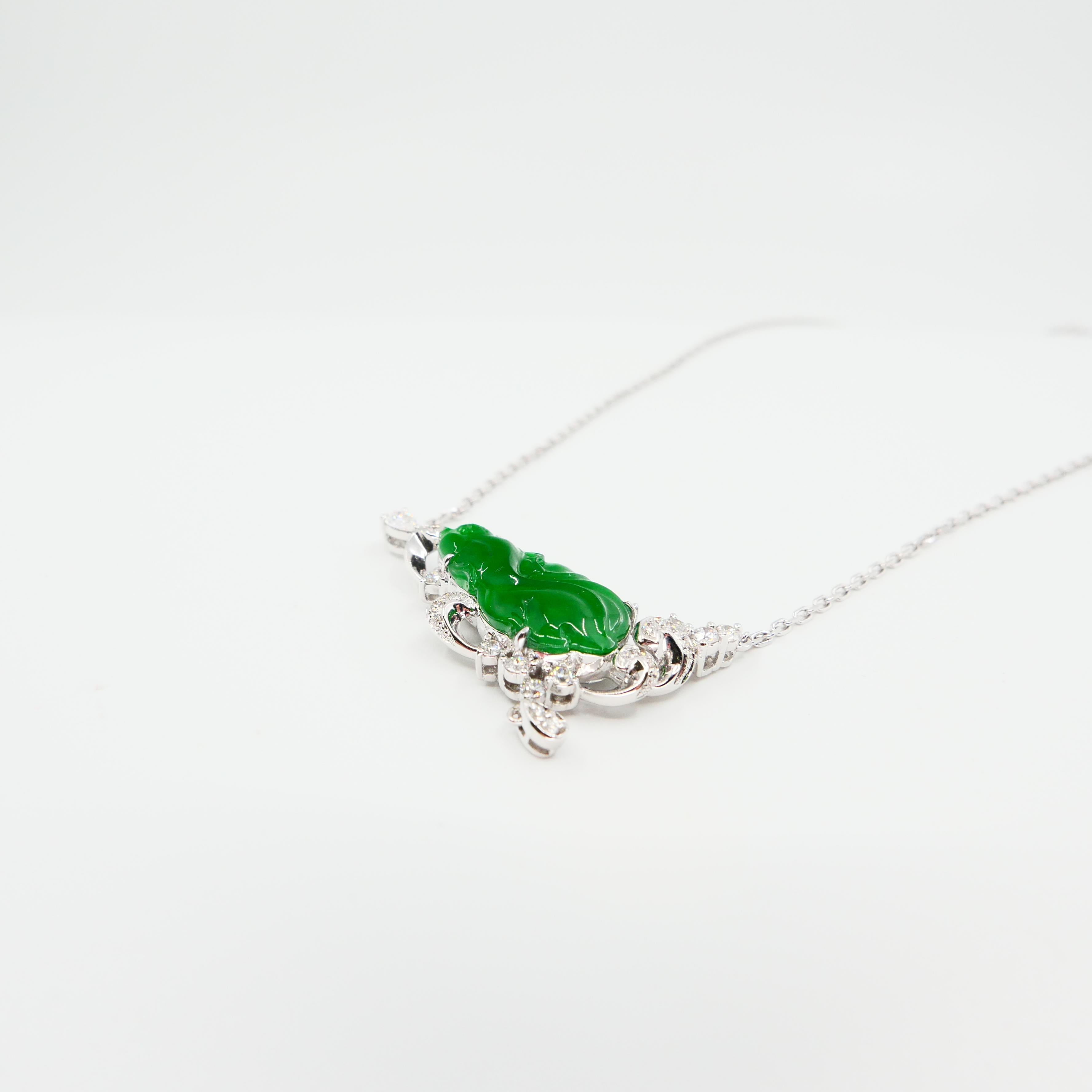 Certified Type A Jadeite Jade Diamond Pendant Drop Necklace, Imperial Green For Sale 1