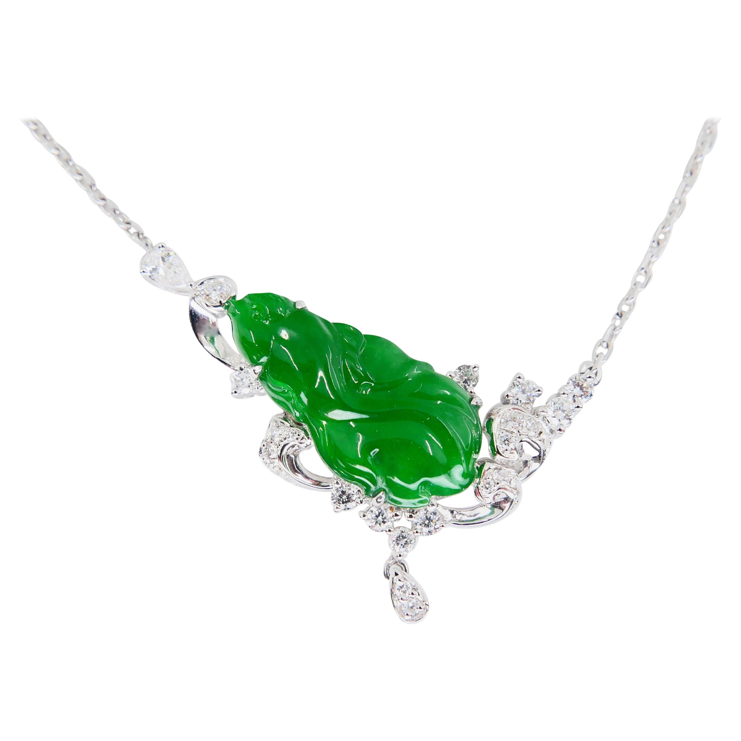 Certified Type A Jadeite Jade Diamond Pendant Drop Necklace, Imperial Green