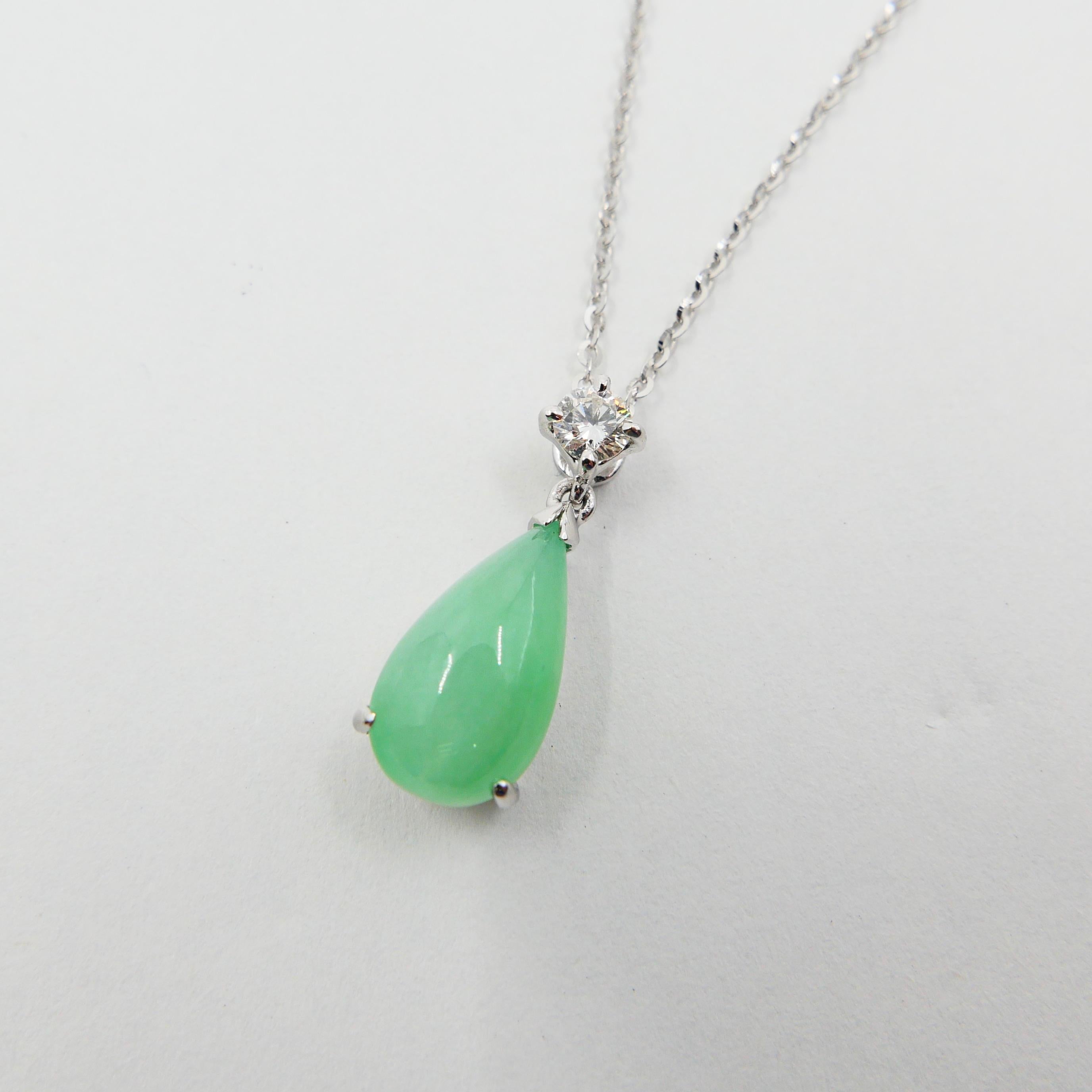 Pear Cut Certified Type A Jadeite Jade Diamond Pendant Drop Necklace, Light Green Color