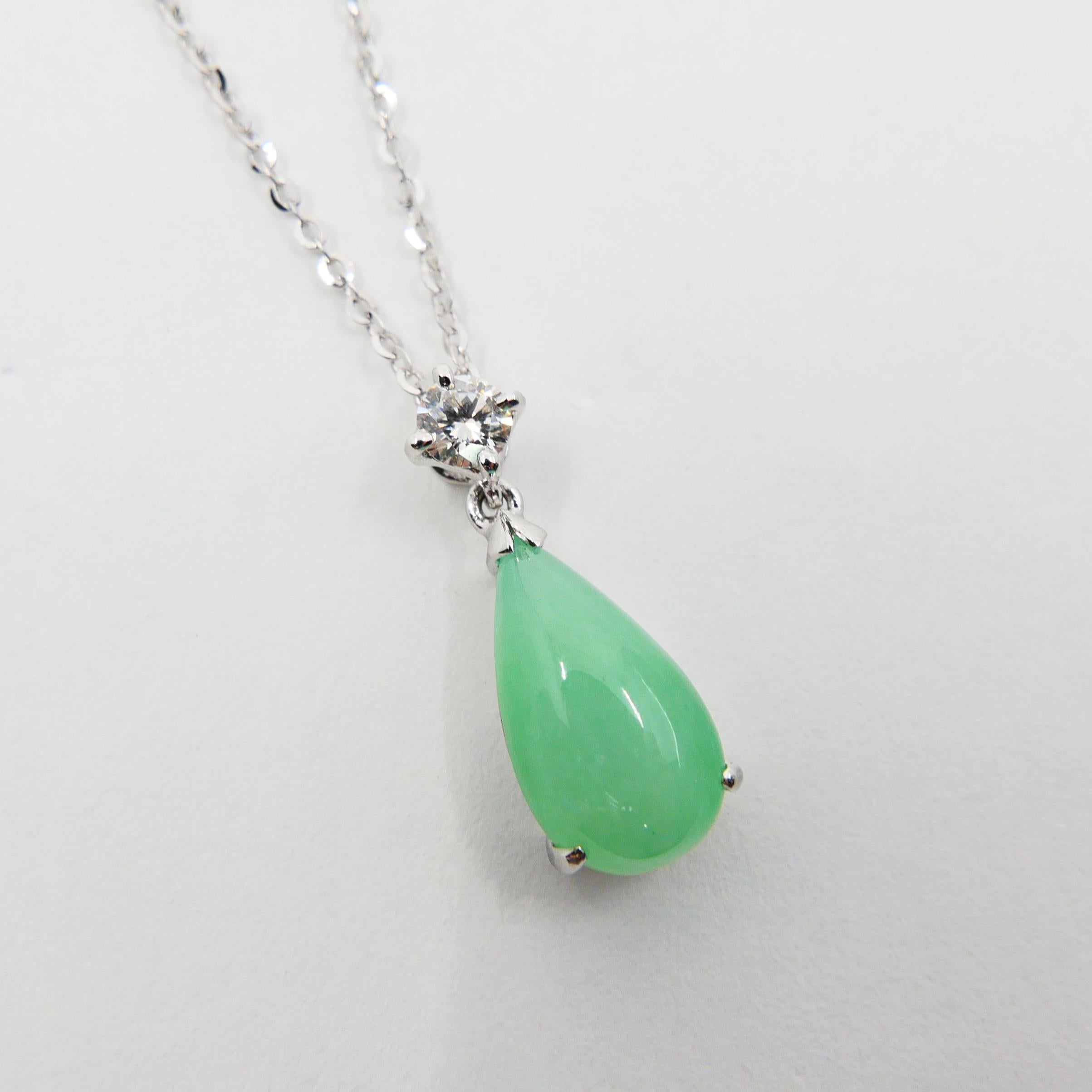 Women's Certified Type A Jadeite Jade Diamond Pendant Drop Necklace, Light Green Color