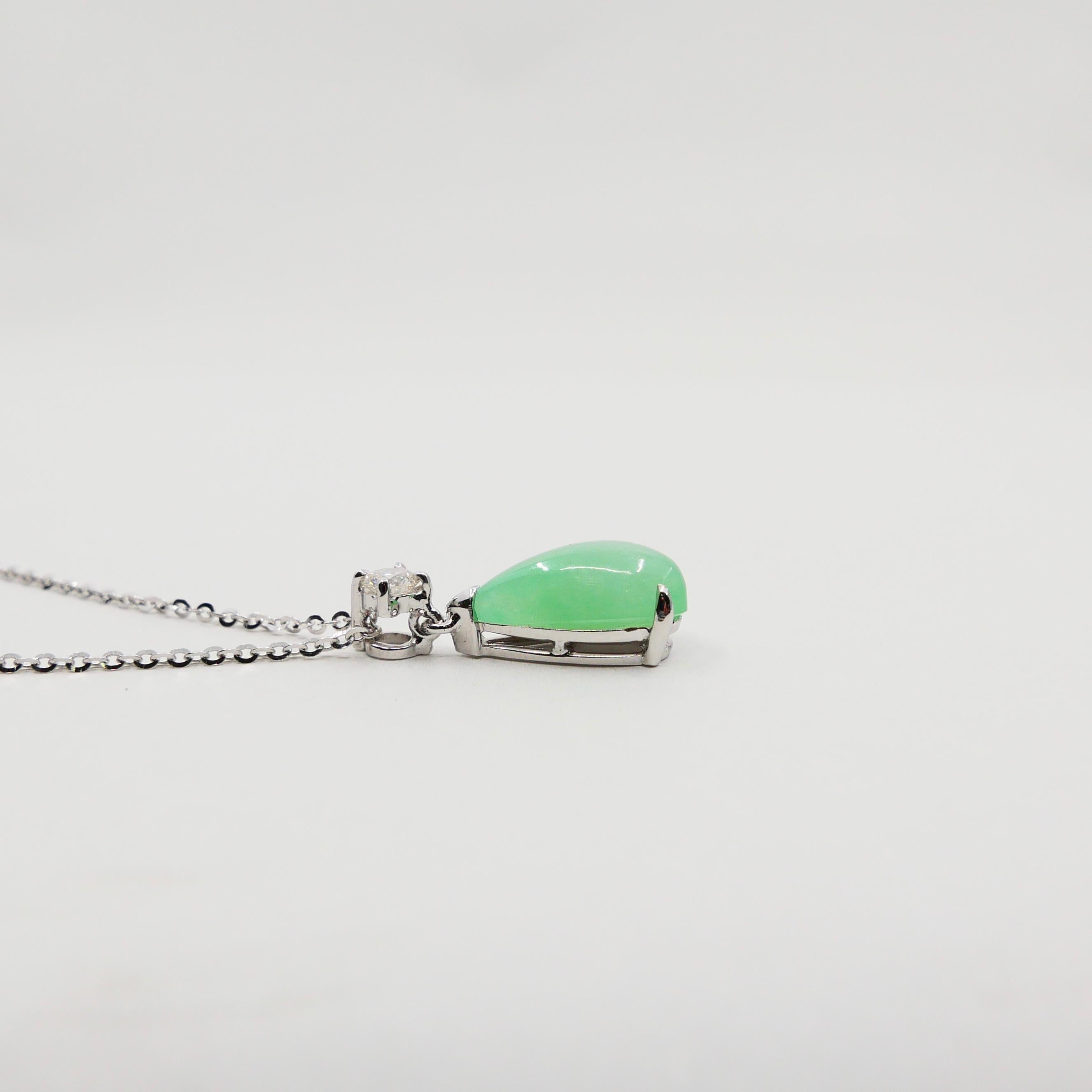 Certified Type A Jadeite Jade Diamond Pendant Drop Necklace, Light Green Color 1