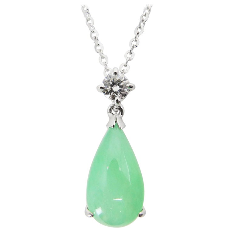 Certified Type A Jadeite Jade Diamond Pendant Drop Necklace Light Green Color