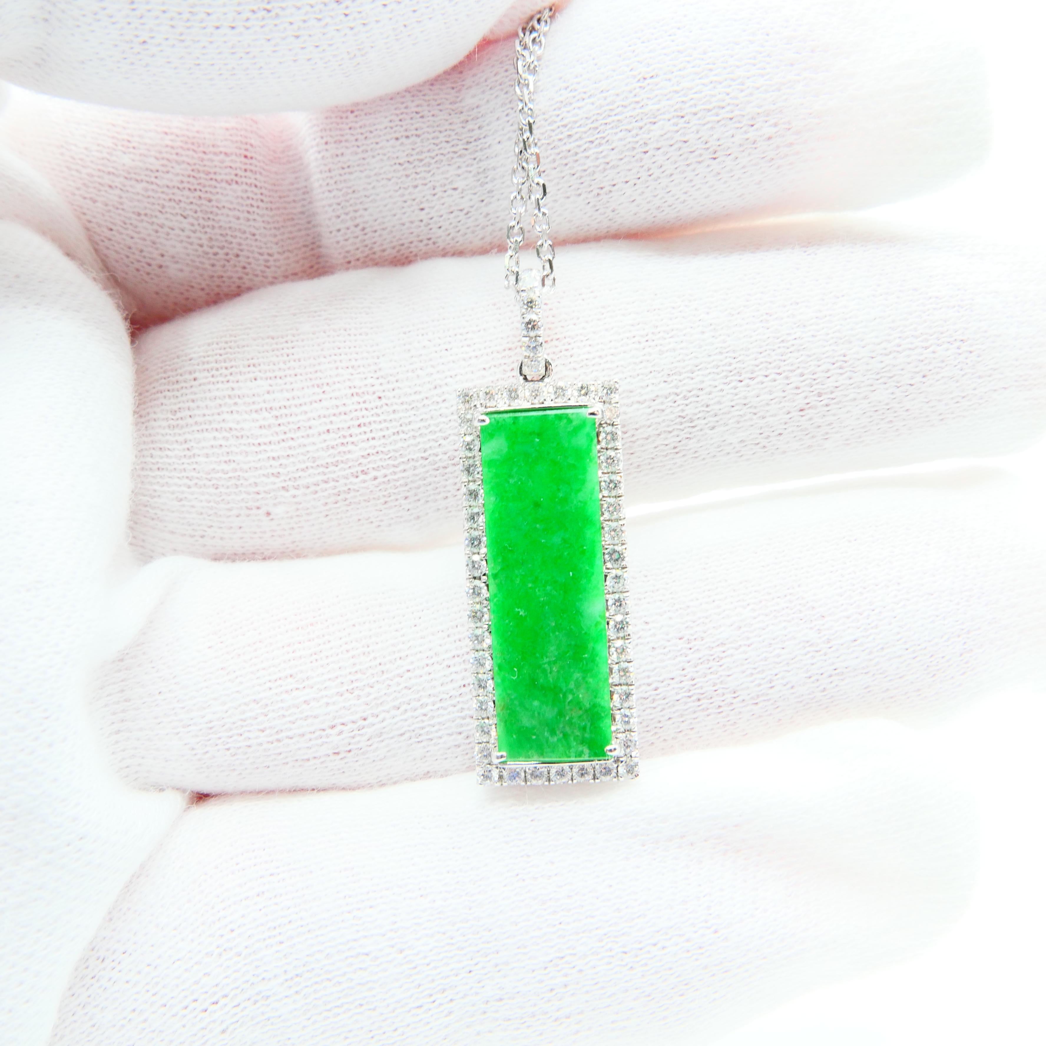 Certified Type a Jadeite Jade and Diamond Pendant Necklace, Apple Green Color For Sale 3