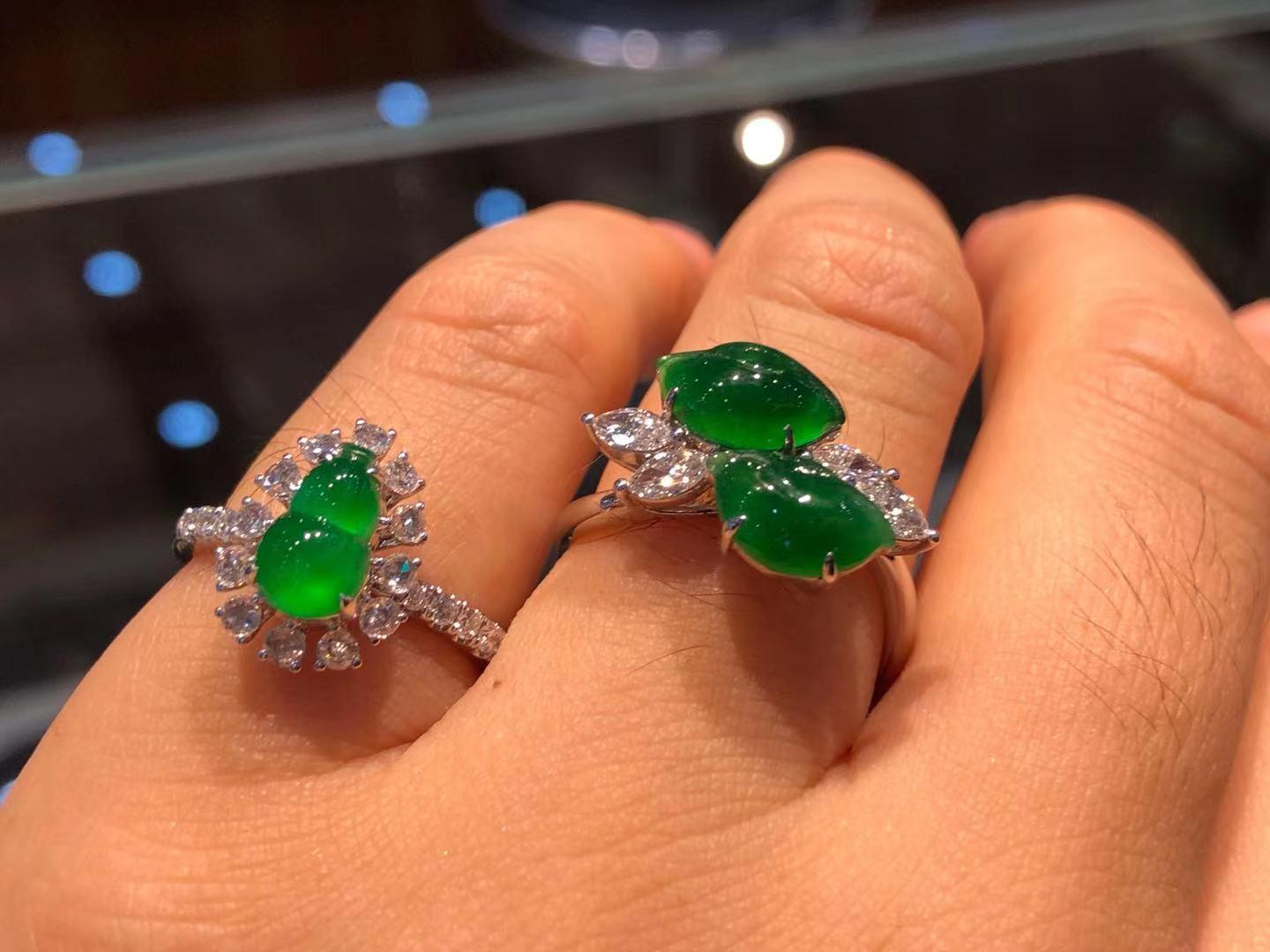 Please check out the HD video. This ring has the best imperial green color with a subtle mesmerizing glow! Here is an imperial green Jade and diamond ring. It is certified by 2 labs natural jadeite jade. The ring is set in 18k white gold and