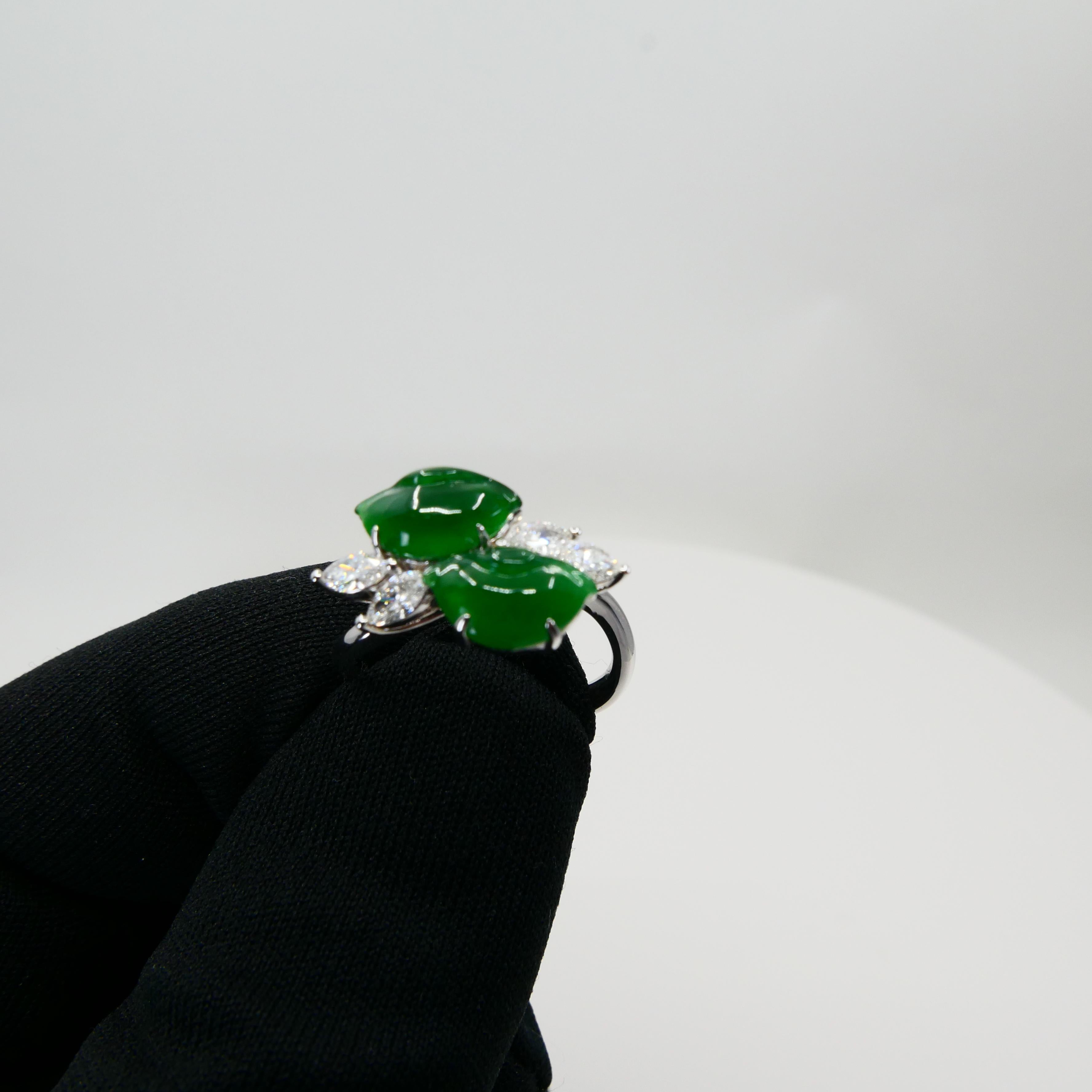 Contemporary Certified Type A Jadeite Jade Ingot & Diamond Cocktail Ring, Imperial Green For Sale