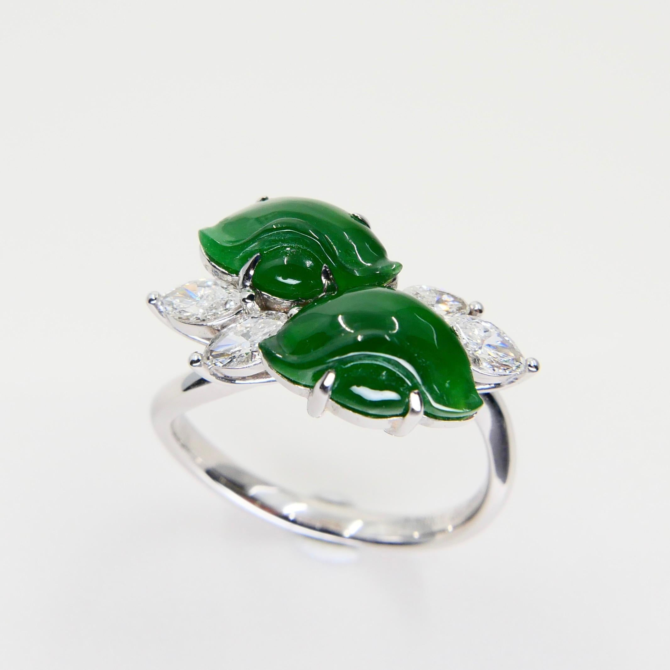 Rough Cut Certified Type A Jadeite Jade Ingot & Diamond Cocktail Ring, Imperial Green For Sale