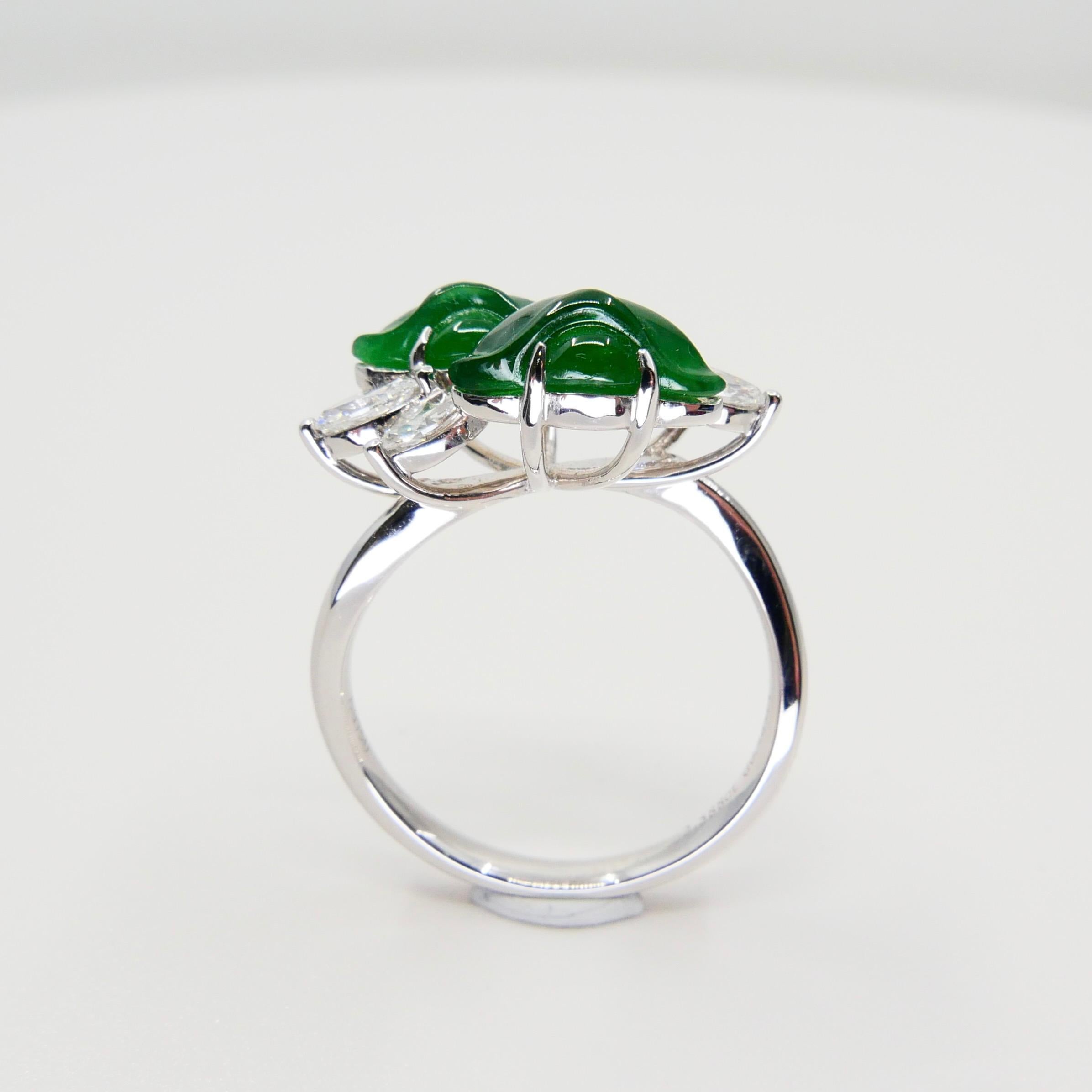 Women's Certified Type A Jadeite Jade Ingot & Diamond Cocktail Ring, Imperial Green For Sale