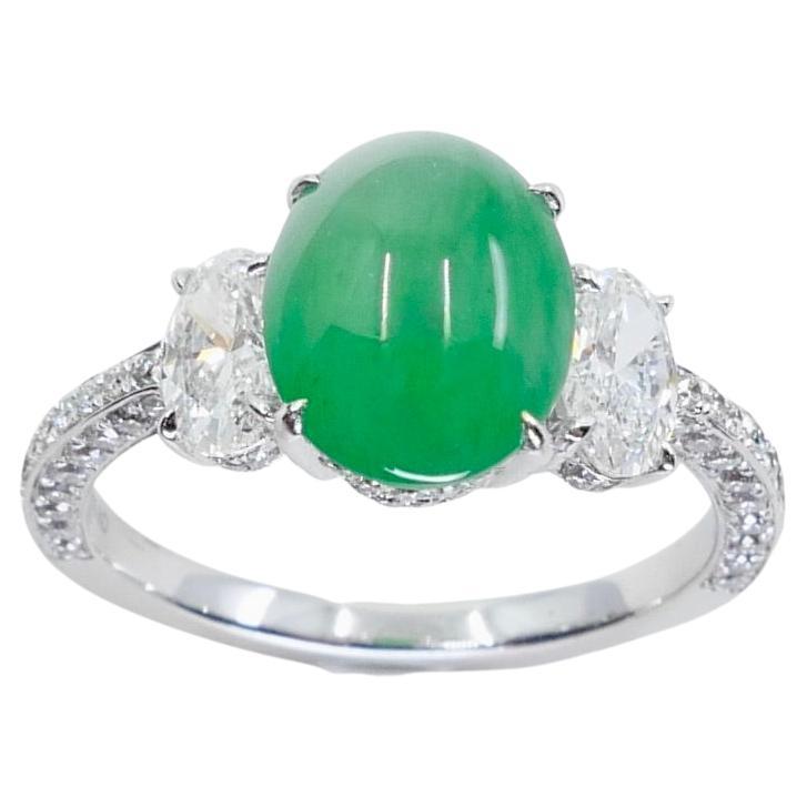 Certified 2.27 Cts Natural Jade & Oval Diamond Cocktail Ring, Apple Green Color For Sale