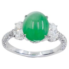 Certified 2.27 Cts Natural Jade & Oval Diamond Cocktail Ring, Apple Green Color