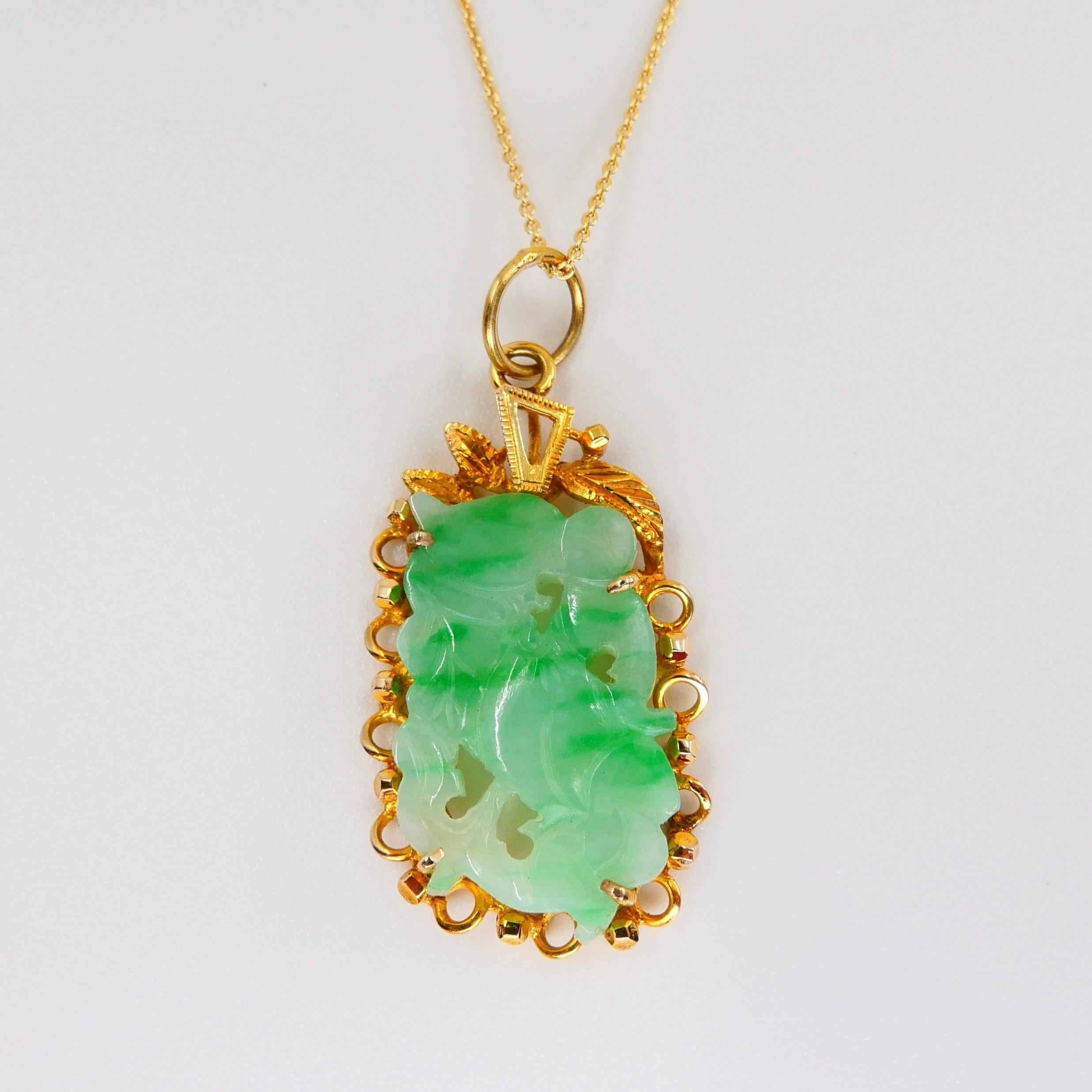 Rough Cut Certified Type A Jadeite Jade Pendant Drop Necklace, Apple Green Veins, N.O.S For Sale