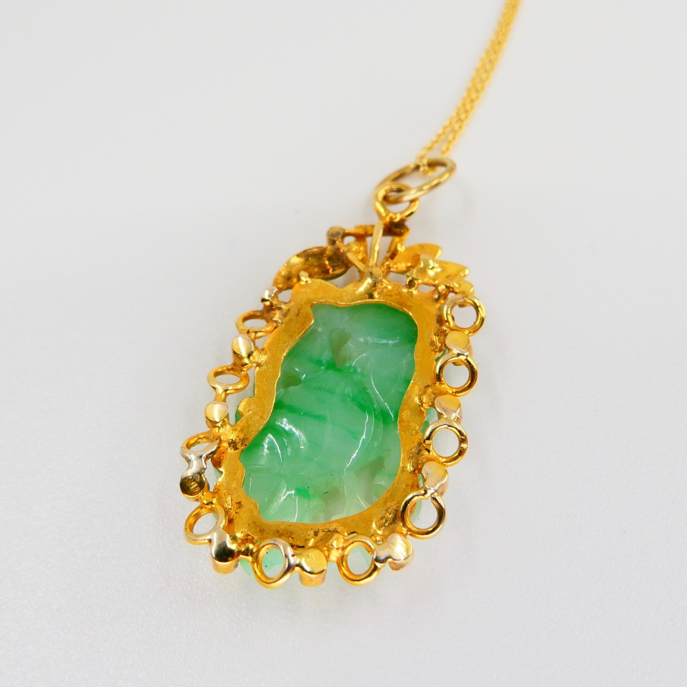 Women's Certified Type A Jadeite Jade Pendant Drop Necklace, Apple Green Veins, N.O.S For Sale