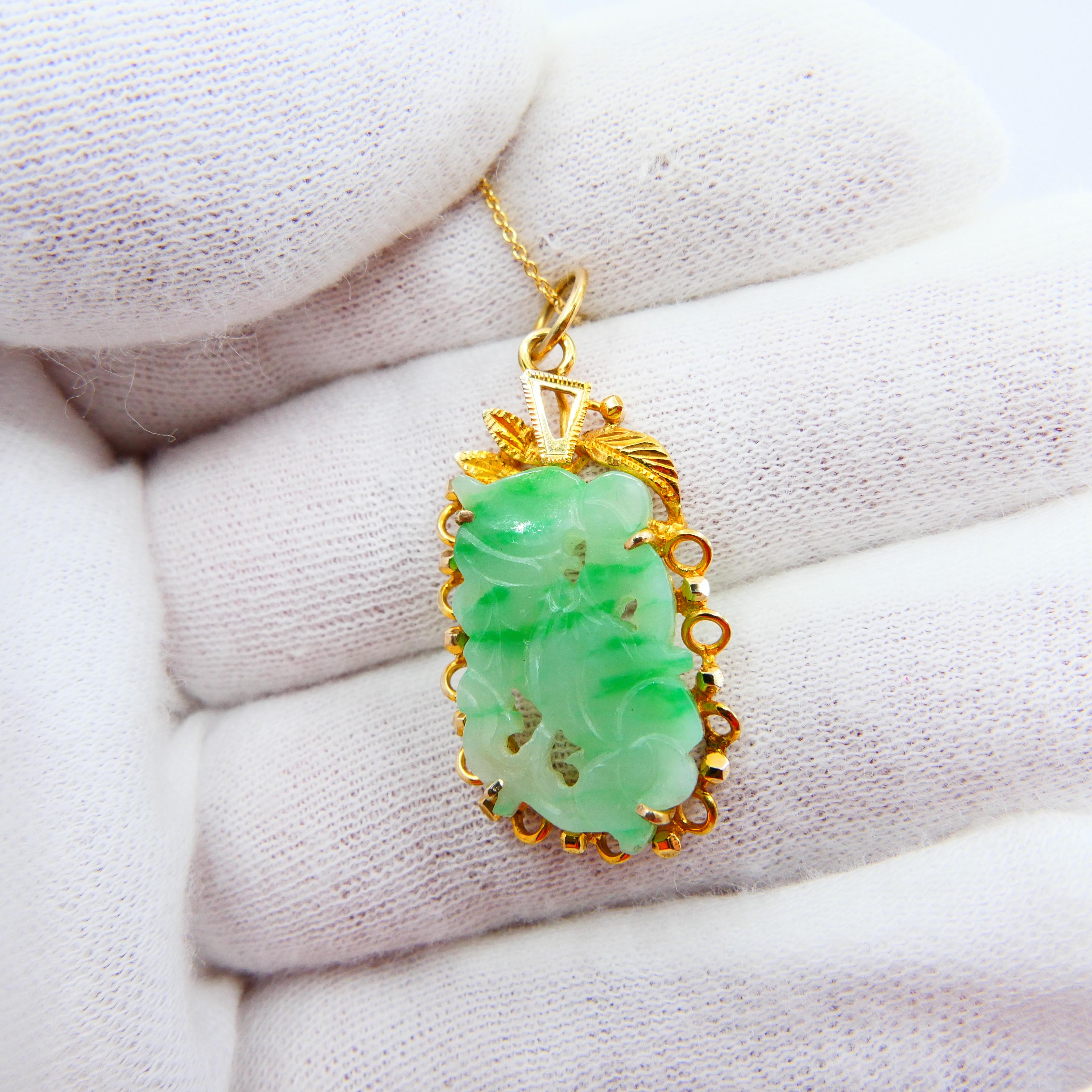 Certified Type A Jadeite Jade Pendant Drop Necklace, Apple Green Veins, N.O.S For Sale 2