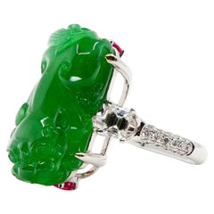 Certified Type A Jadeite Jade Spinel and Diamond Ring, Super Vivid Green Color