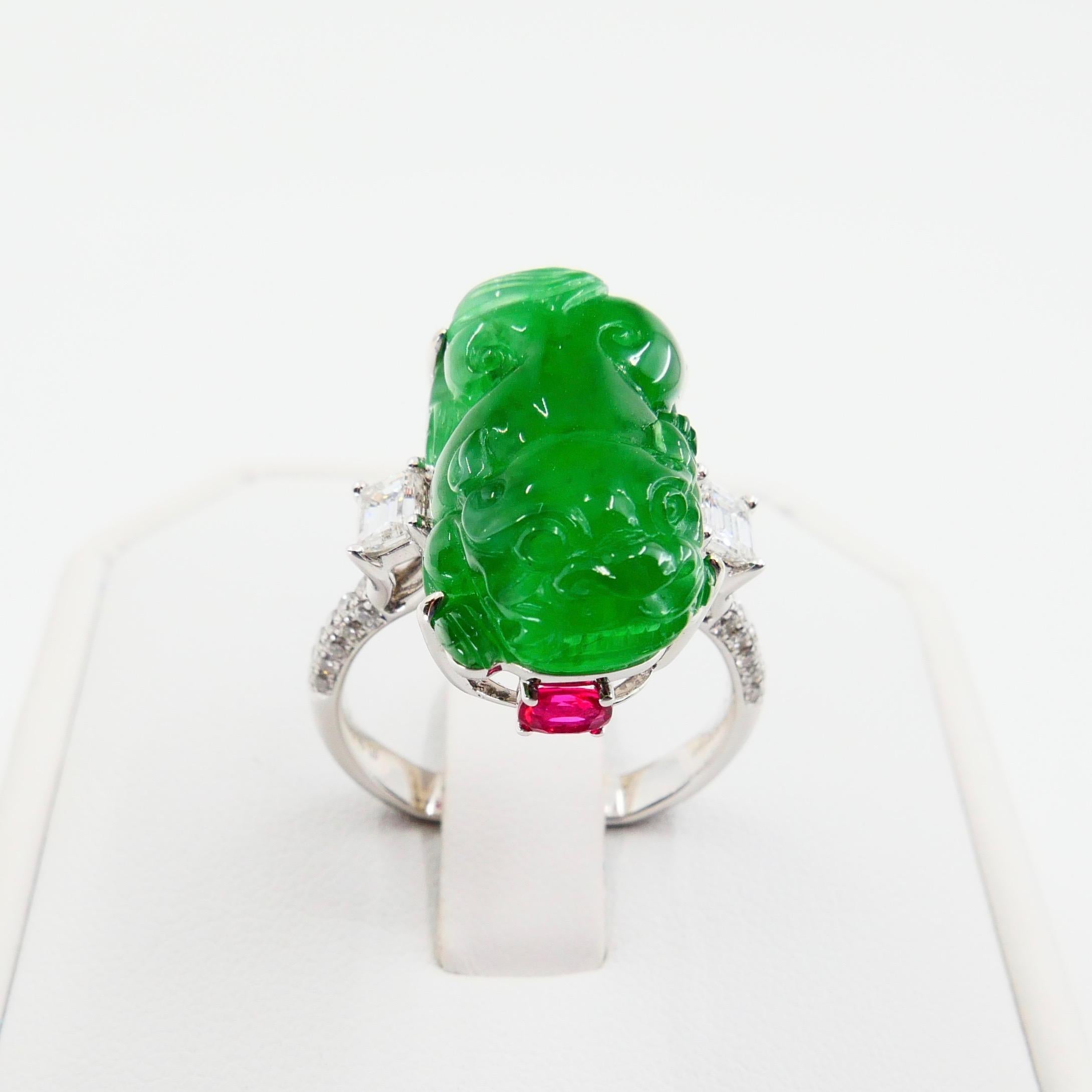 Emerald Cut Certified Type A Jadeite Jade Spinel and Diamond Ring, Super Vivid Green Color